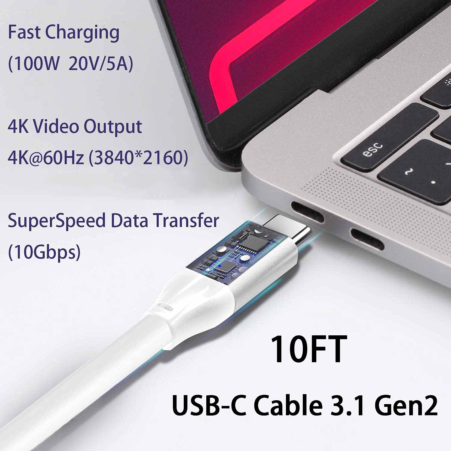 USB C to USB C 3.1 Gen 2 Cable 10ft - 10Gbps Fast Charging & Data Transfer Cable, 4K Video Monitor Cord, Compatible with USB-C Portable Monitor, Docking Station, Quest Link - Perfect for Home Office, Gaming & Mobile Workstations