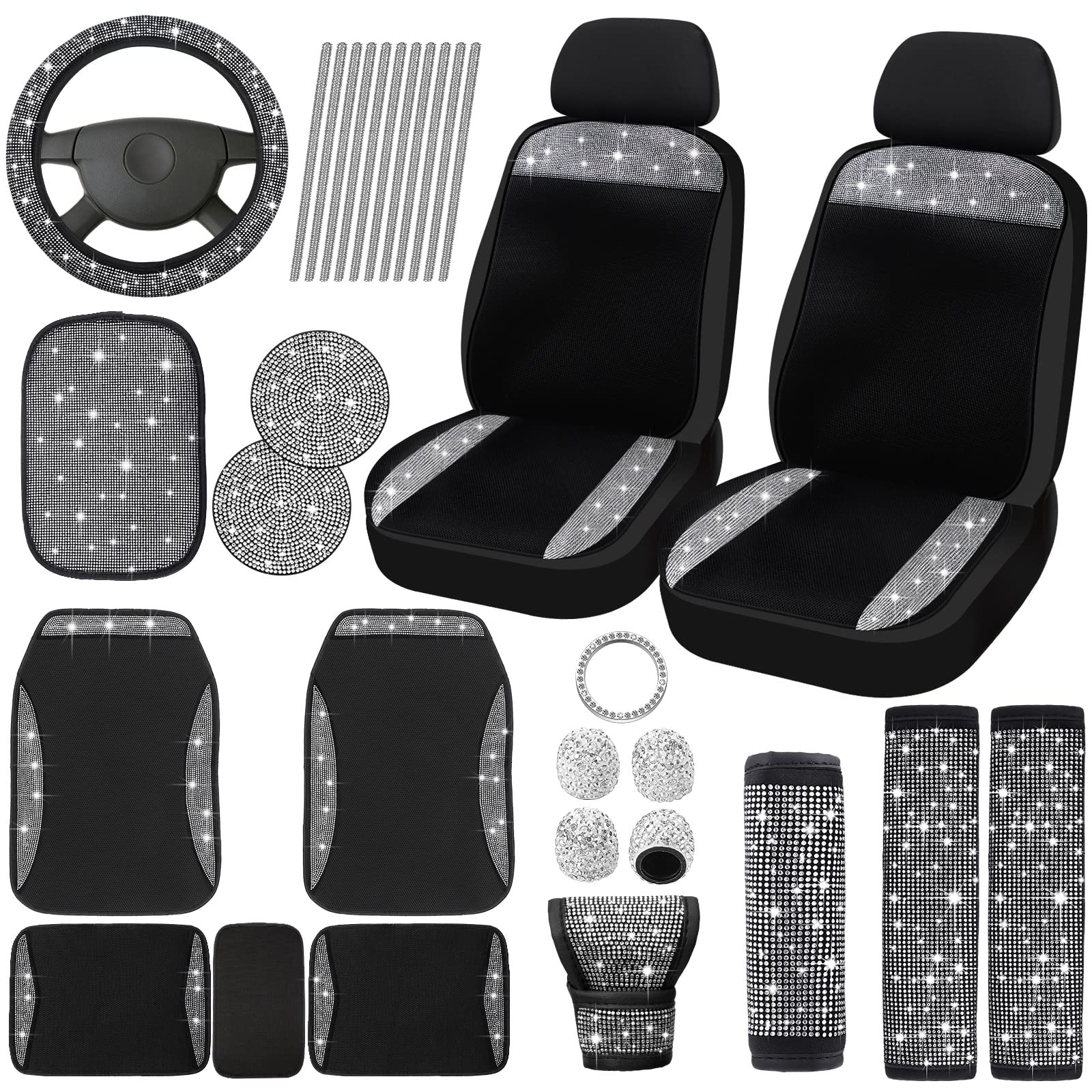 Funtery Bling Car Seat Covers Full Set with Rhinestone Crystal Steering Wheel Cover - Glitter Cup Holder & Diamond Center Console Pad - Luxury Car Interior Accessories for Sedan, SUV (Silver, 2 Seats) - Perfect for Parties, Weddings & Special Occasions