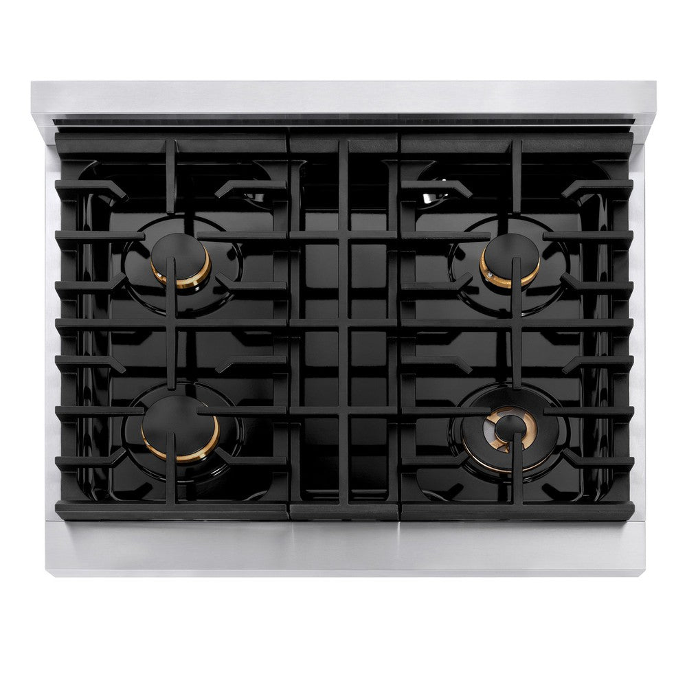 ZLINE Autograph Edition 30-inch 4.2 cu. ft. Stainless Steel Gas Range with 4 Burner Cooktop & Convection Oven - Polished Gold Accents (SGRZ 30 G) for Professional Home Kitchens & Gourmet Cooking