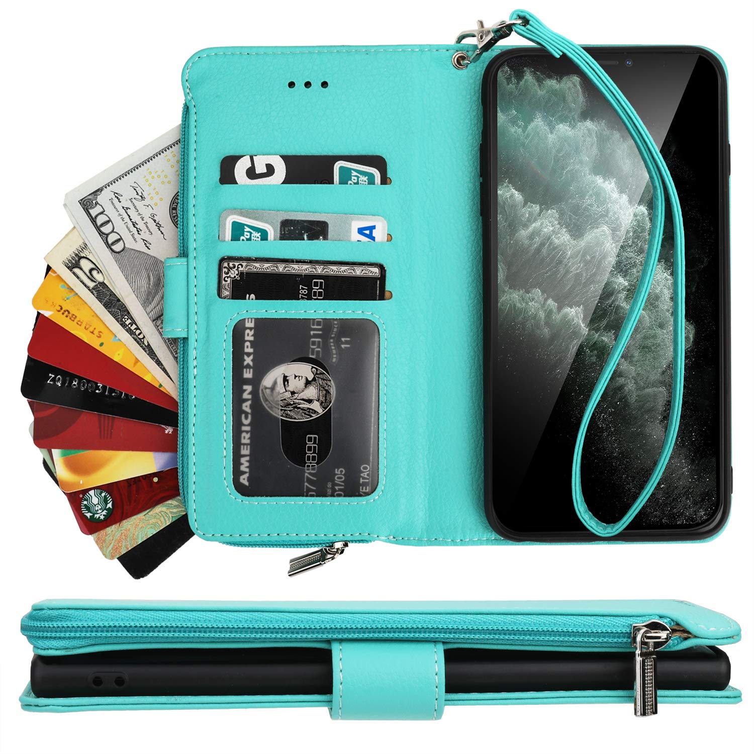 Premium Leather iPhone 11 Pro Max Wallet Case with Zipper Pocket, Credit Card Slots & Wrist Strap - 6.5 Inch Mint Green Protective Cover with Kickstand & Lanyard for Women | Perfect for Travel, Shopping & Everyday Use