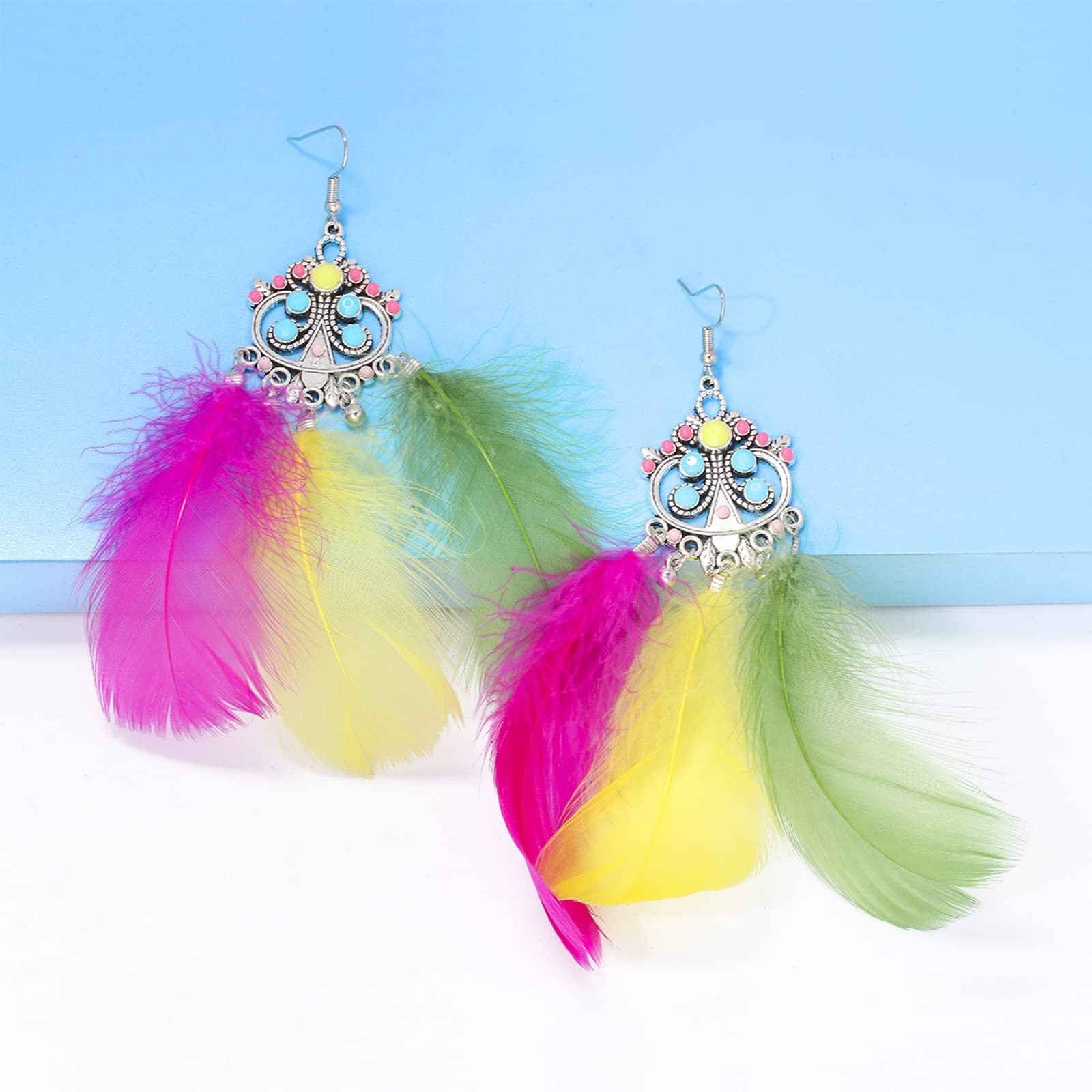 Handmade Mardi Gras Feather Dangle Earrings for Women - Natural Feather Carnival Jewelry & Holiday Accessories | Perfect for Parties, Festivals & Costume Events