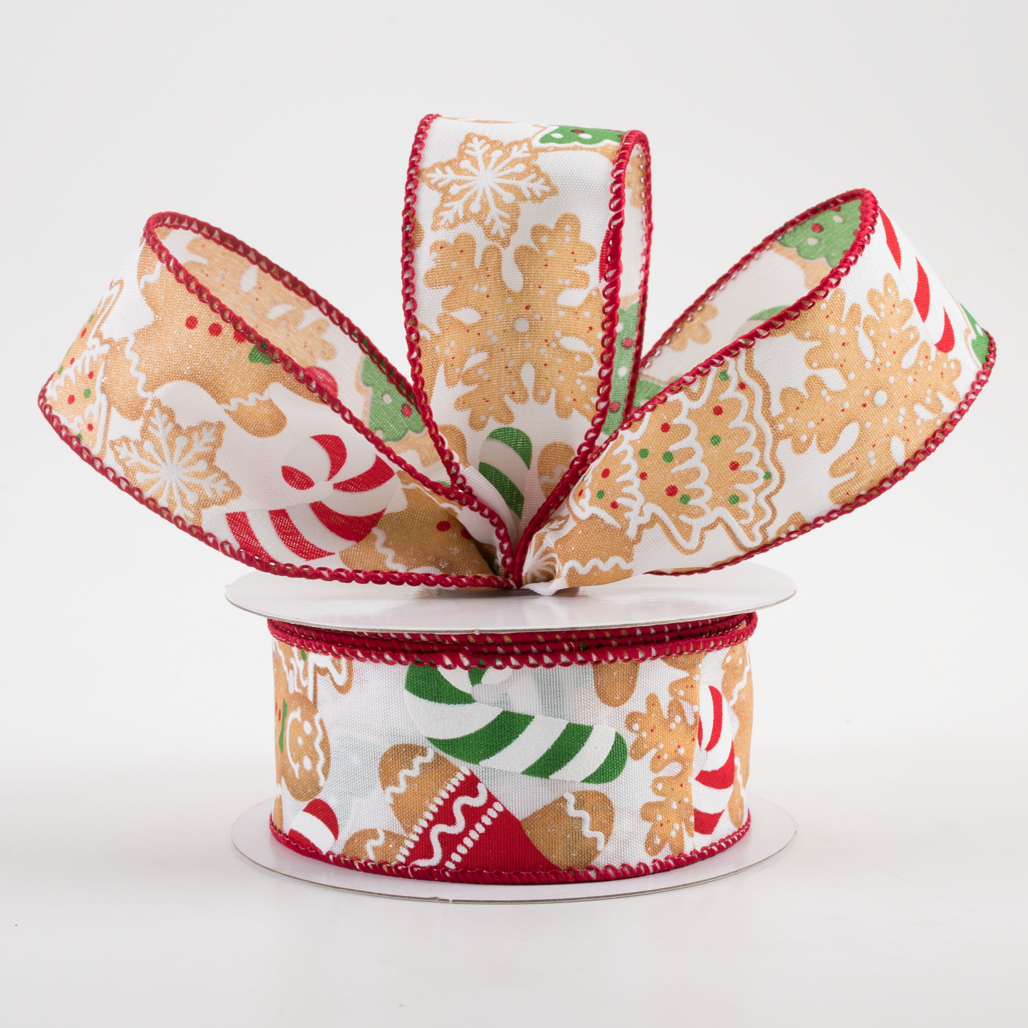 1.5 Inch Gingerbread Cookies Candy Cane Ribbon - White Christmas Decorative Ribbon (10 Yards) for Gift Wrapping, Tree Trimming, and Holiday Crafts