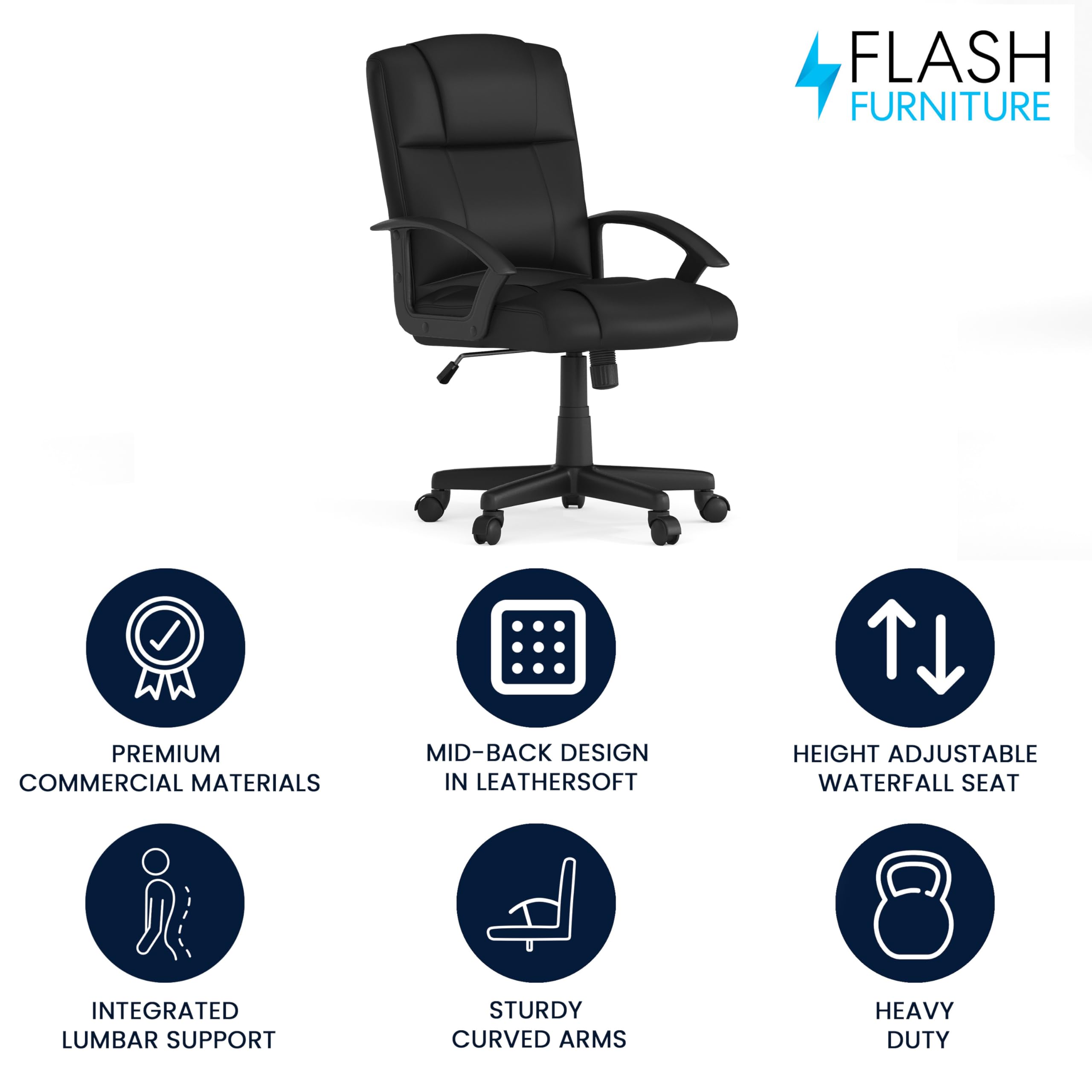 Flash Furniture Coffman Ergonomic Mid-Back Office & Gaming Chair - Black LeatherSoft with Padded Seat & Arms - Perfect for Home Office, Gaming Setup & Workspace Comfort