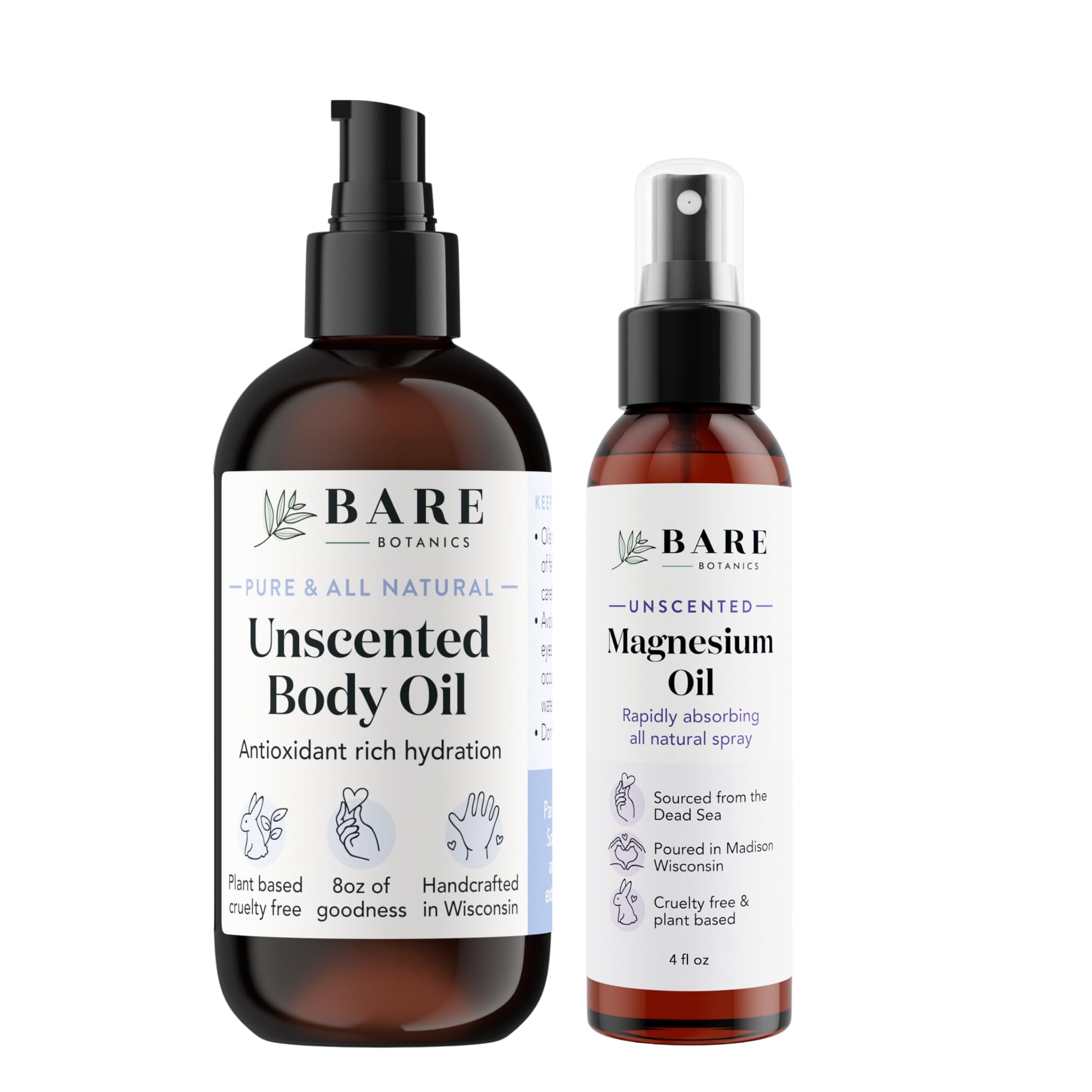 Bare Botanics Unscented Body Oil & 4oz Magnesium Oil Spray Set - Hydrating Skin Care for Dry Skin, Massage & Relaxation - Perfect for Daily Moisturizing & Post-Workout Recovery