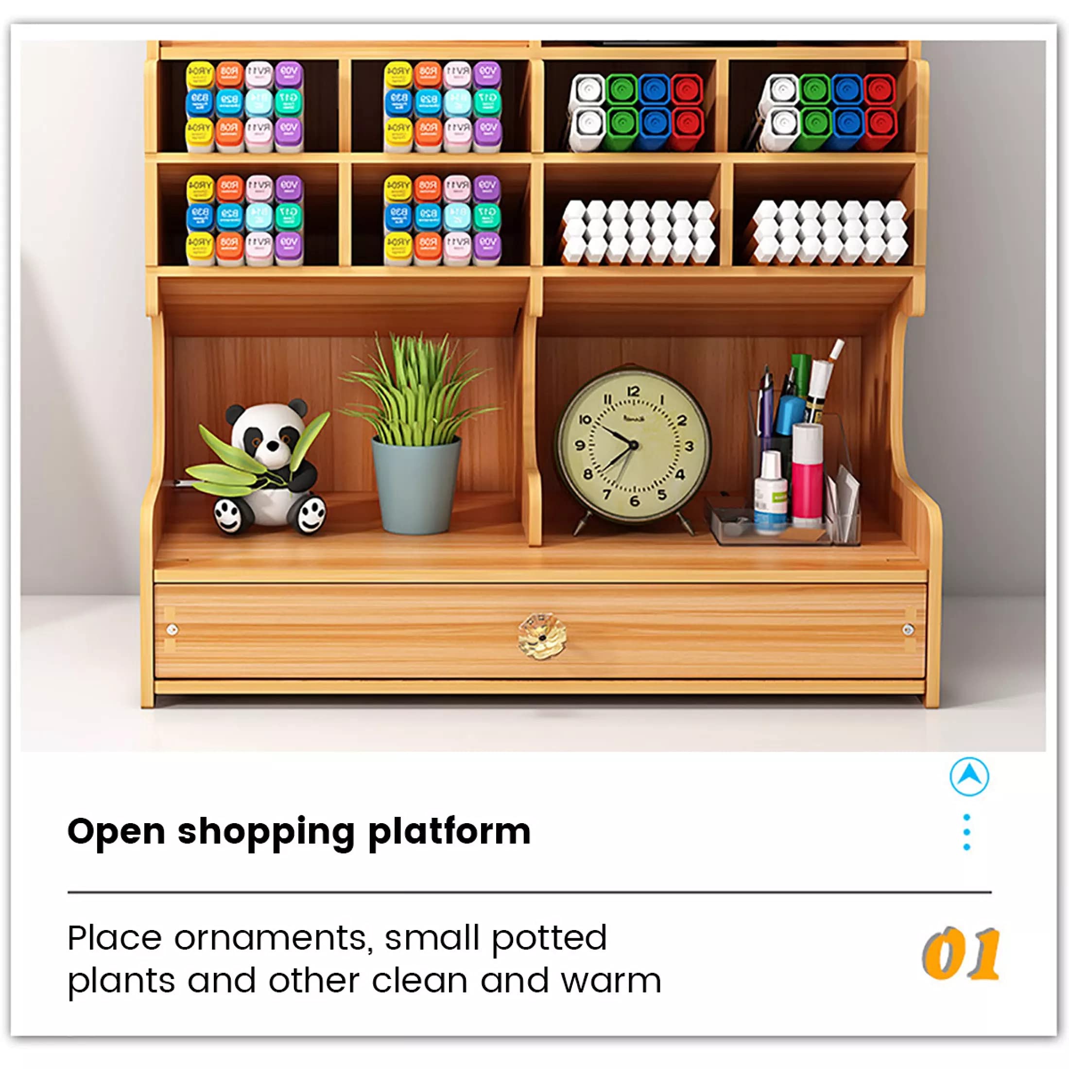 Catekro Wooden Desk Organizer with Multi-Function Drawer - Pen Holder, Stationery Storage Box for Office, School & Home Use (Brown) - Perfect for Organizing Pens, Pencils, Paper Clips & Office Supplies on Your Desk
