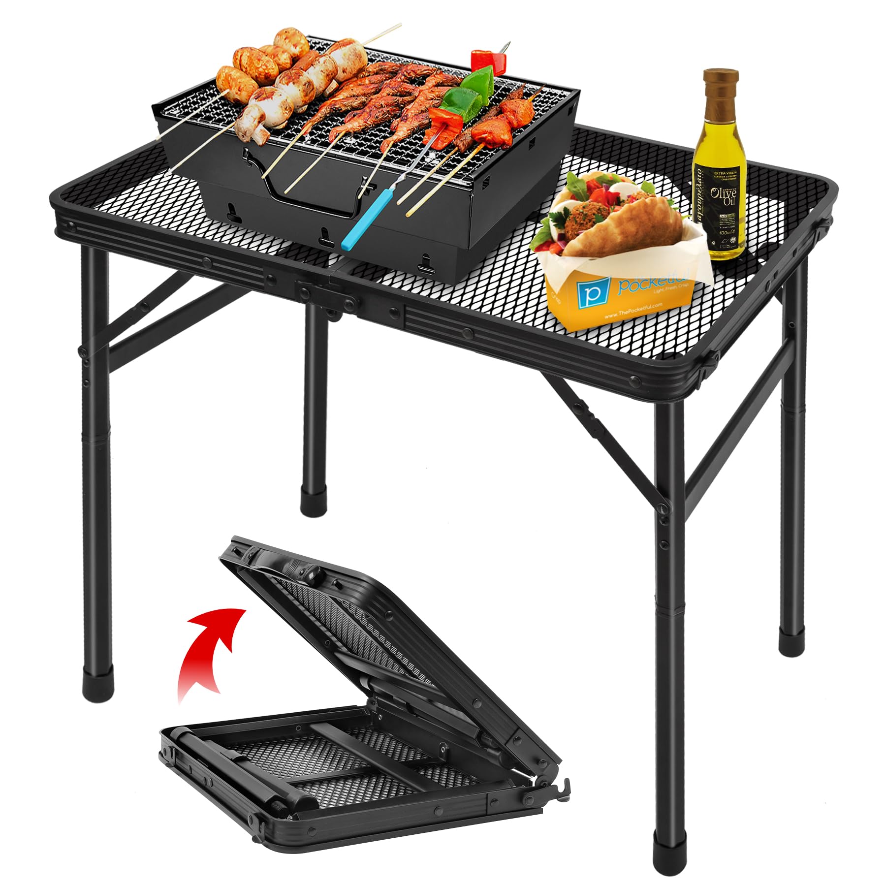 Foldable Grill Table with Mesh Top - Lightweight & Adjustable Height for Camping, Picnics, BBQs - Portable Outdoor/Indoor Cooking & Dining Solution
