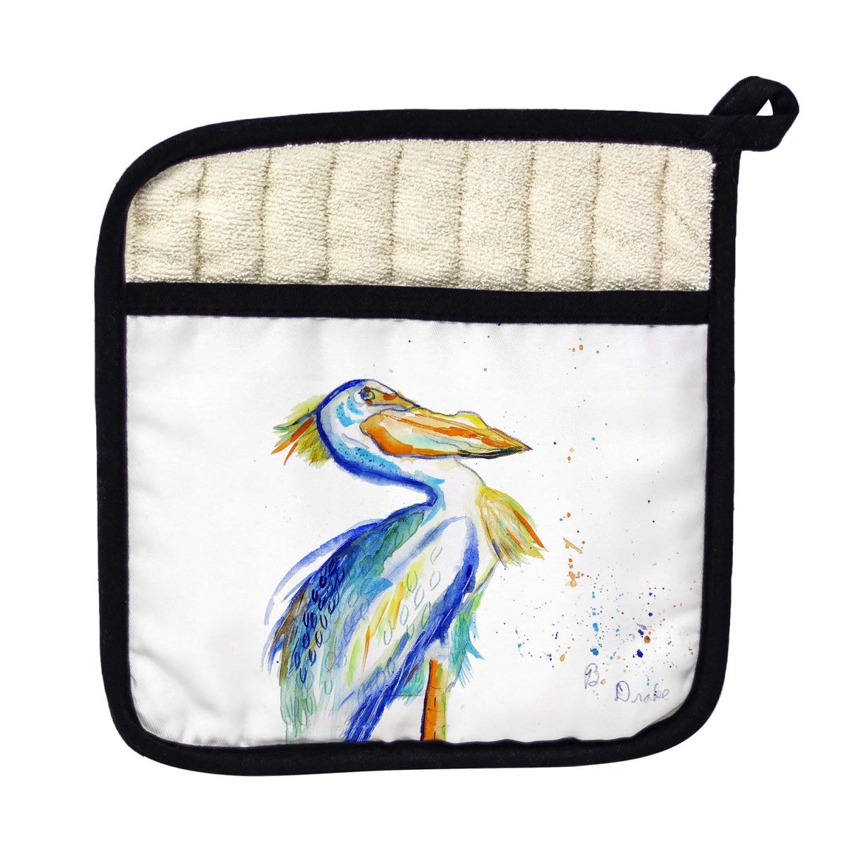 Betsy Drake PT1010 Watercolor Pelican Pot Holder - Heat Resistant Kitchen Oven Mitt for Cooking, Baking & Grilling - Perfect Gift for Home Chefs & Bird Lovers