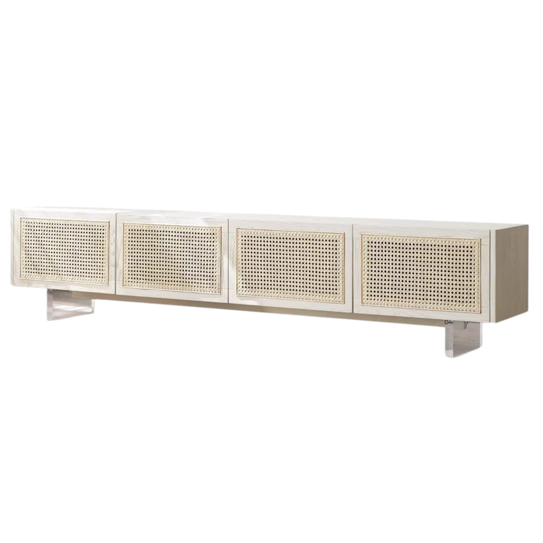 Solid Oak Wood Rattan TV Stand with LED Lights - Modern Cream Style Entertainment Center for Living Room, Bedroom & Home Theater