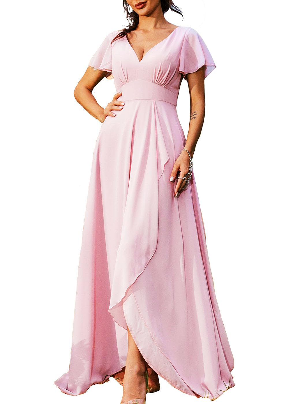 EASEDAILY Women's Pink V-Neck Short Sleeve High Waist Slit Maxi Dress for Bridesmaid Wedding Guest Evening Party - Elegant Long Gown for Formal Events, Prom, Cocktail Parties & Special Occasions