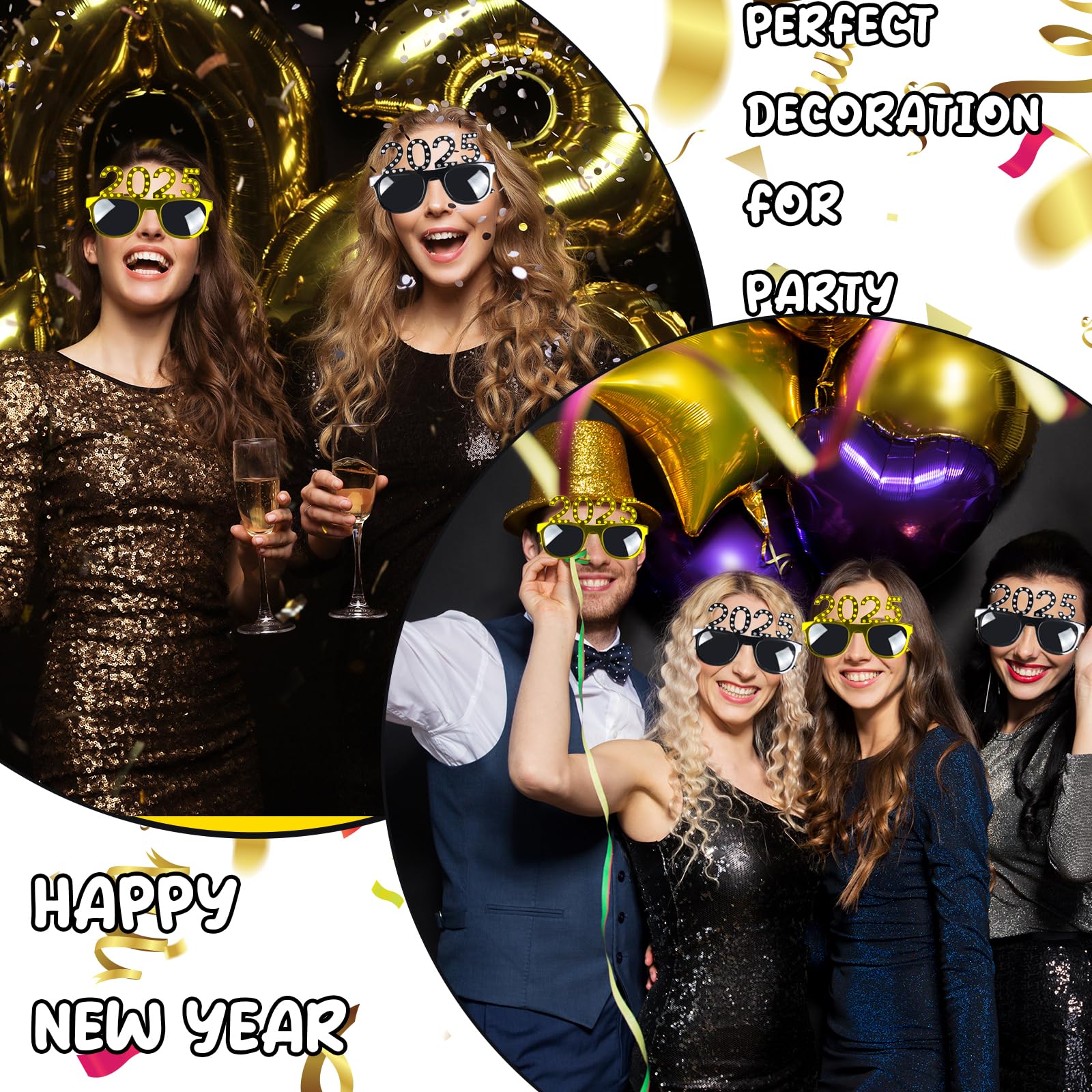 2025 New Year Glasses - 4 Pairs Sparkling Happy New Year Eyeglasses with 2025 Design for NYE Party, Christmas Costume & Photo Props - Perfect for Winter Holiday Celebrations & Festive Gifts