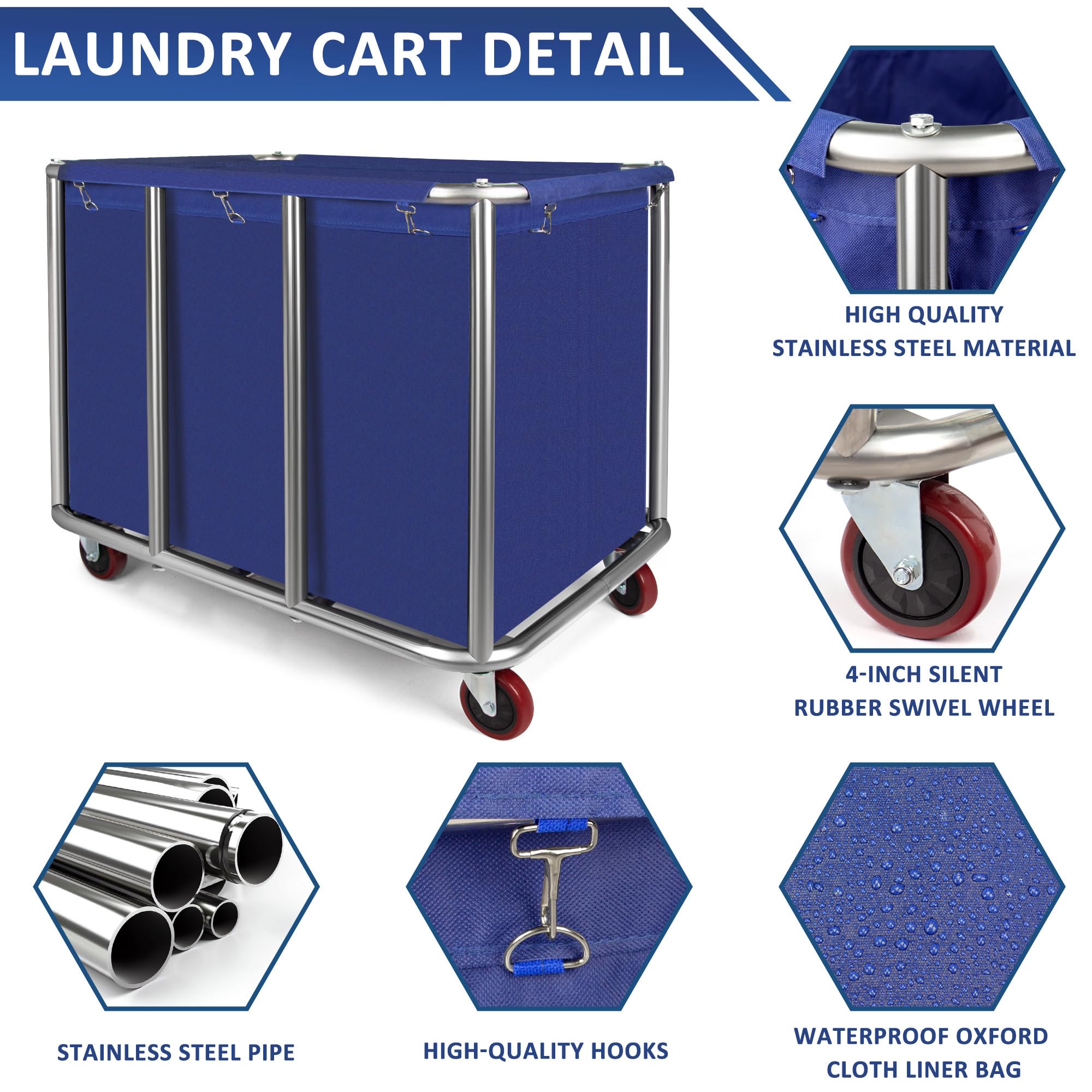 Commercial Laundry Cart with Wheels - 11.35 Bushel Heavy Duty Industrial Laundry Hamper, Stainless Steel Frame & Waterproof Oxford Cloth, 440Lbs Capacity - Perfect for Hotels, Hospitals, Laundromats & Large Facilities