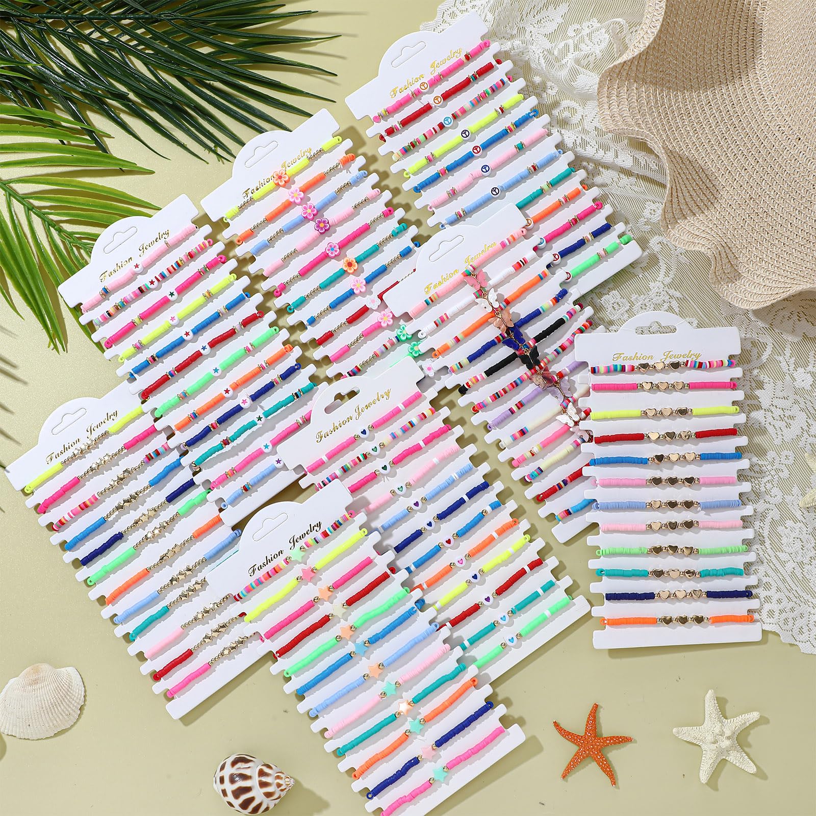 96 Pcs Colorful Friendship Bracelets Bulk - Heart Star Butterfly Stretch Beaded Bracelets for Girls Teens, Adjustable Clay Beads Jewelry for Summer Beach Party, Graduation Gifts, Birthday Favors