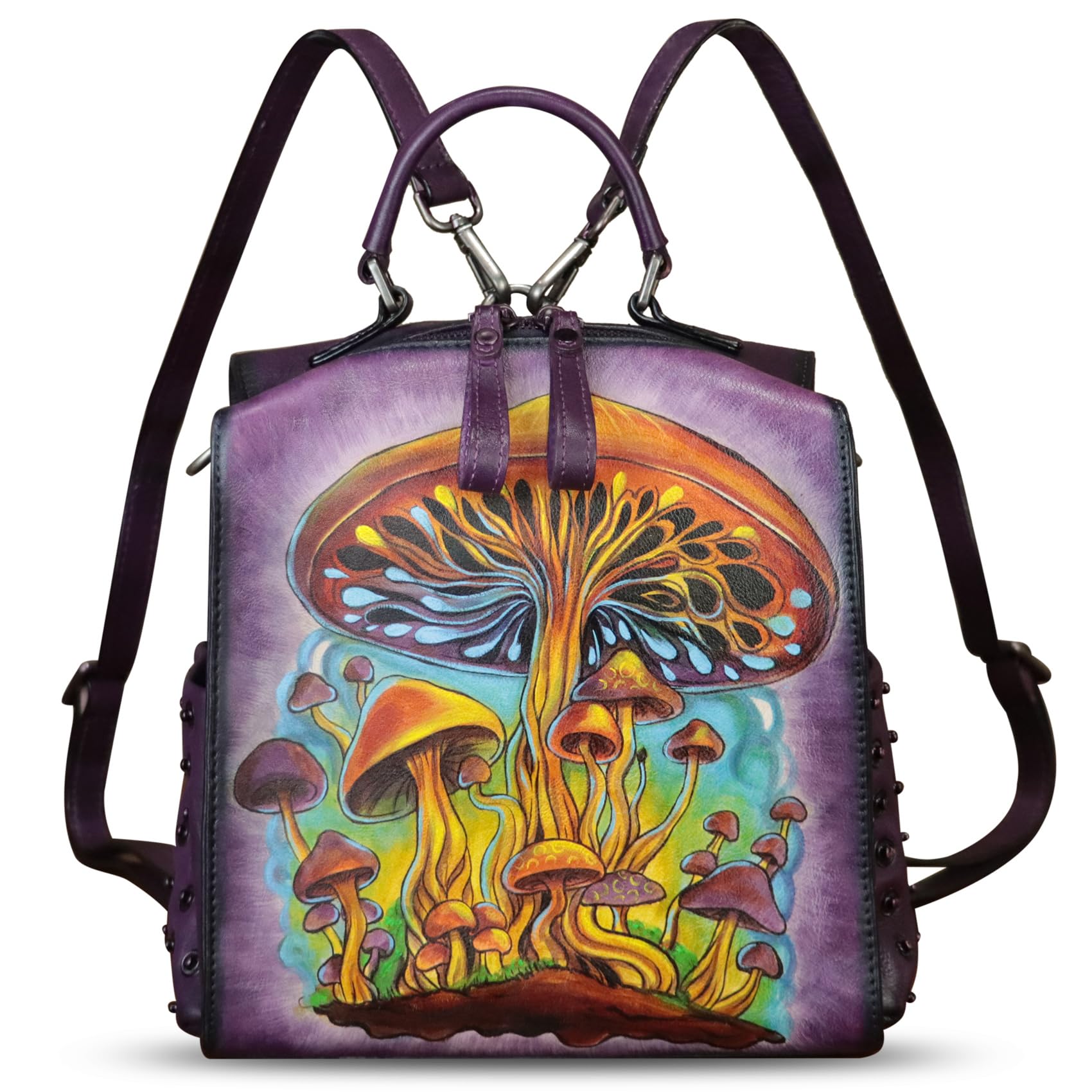 Handmade Genuine Leather Satchel for Women - Crossbody Purse, Top Handle Bag & Convertible Backpack - Unique Hand-Painted Design - Perfect for Work, Travel & Everyday Use
