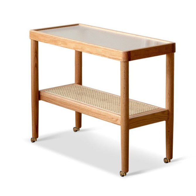 Solid Oak Wood Japanese Style Glass Rattan Rocking Side Table - Portable End Table for Living Room, Bedroom, or Outdoor Patio Decor