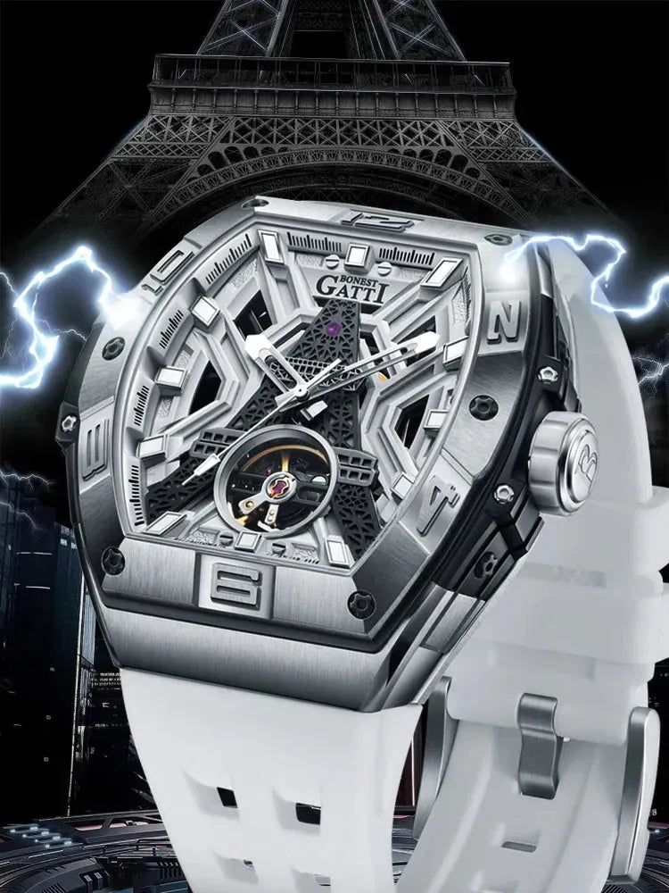 BONEST GATTI Men's Automatic Mechanical Watch - 5ATM Waterproof Sapphire Crystal Tonneau Case with Luminous Eiffel Tower Dial & Fluororubber Strap - Perfect for Business, Formal Events and Everyday Wear