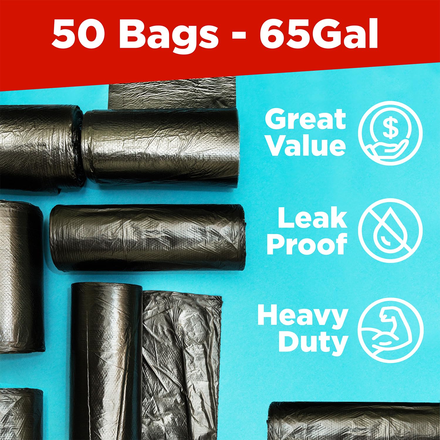 **Heavy Duty 64-65 Gallon Trash Bags (50 Count) - 50 x 48