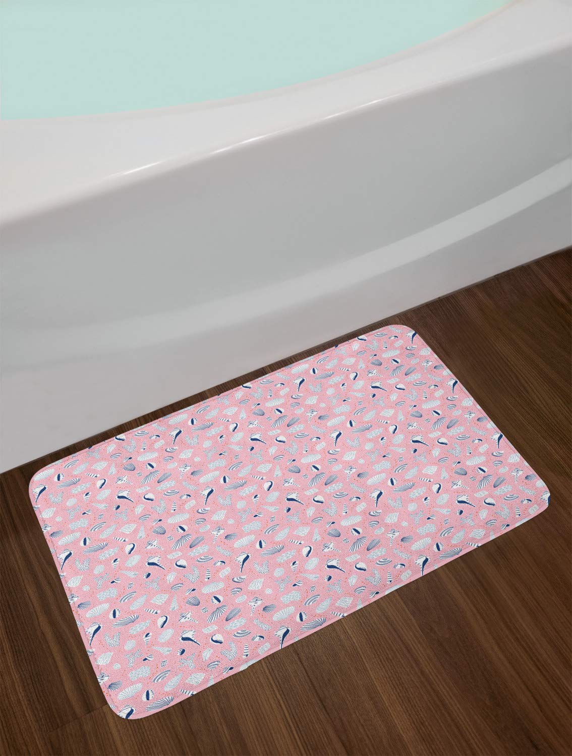 Ambesonne Non-Slip Plush Bath Mat - Nautical Sea Shells & Ocean Marine Life Doodle Design in Pastel Pink & Blue, 30.2
