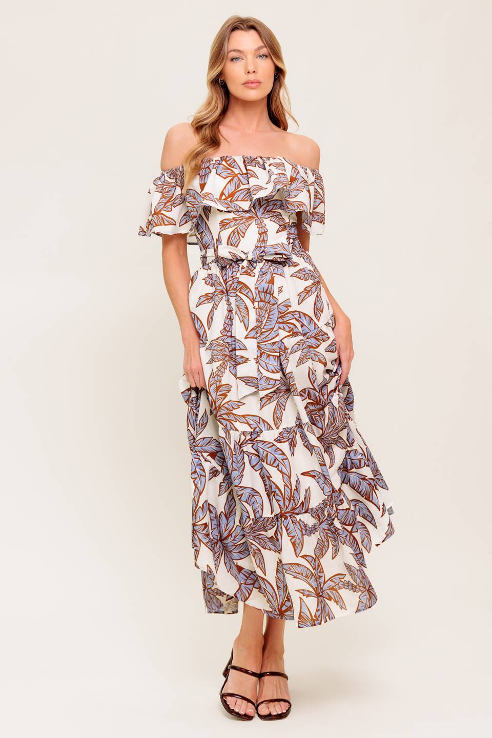 Palm Tree Print Off Shoulder Midi Dress - Summer Beach Vacation & Boho Chic Outfit