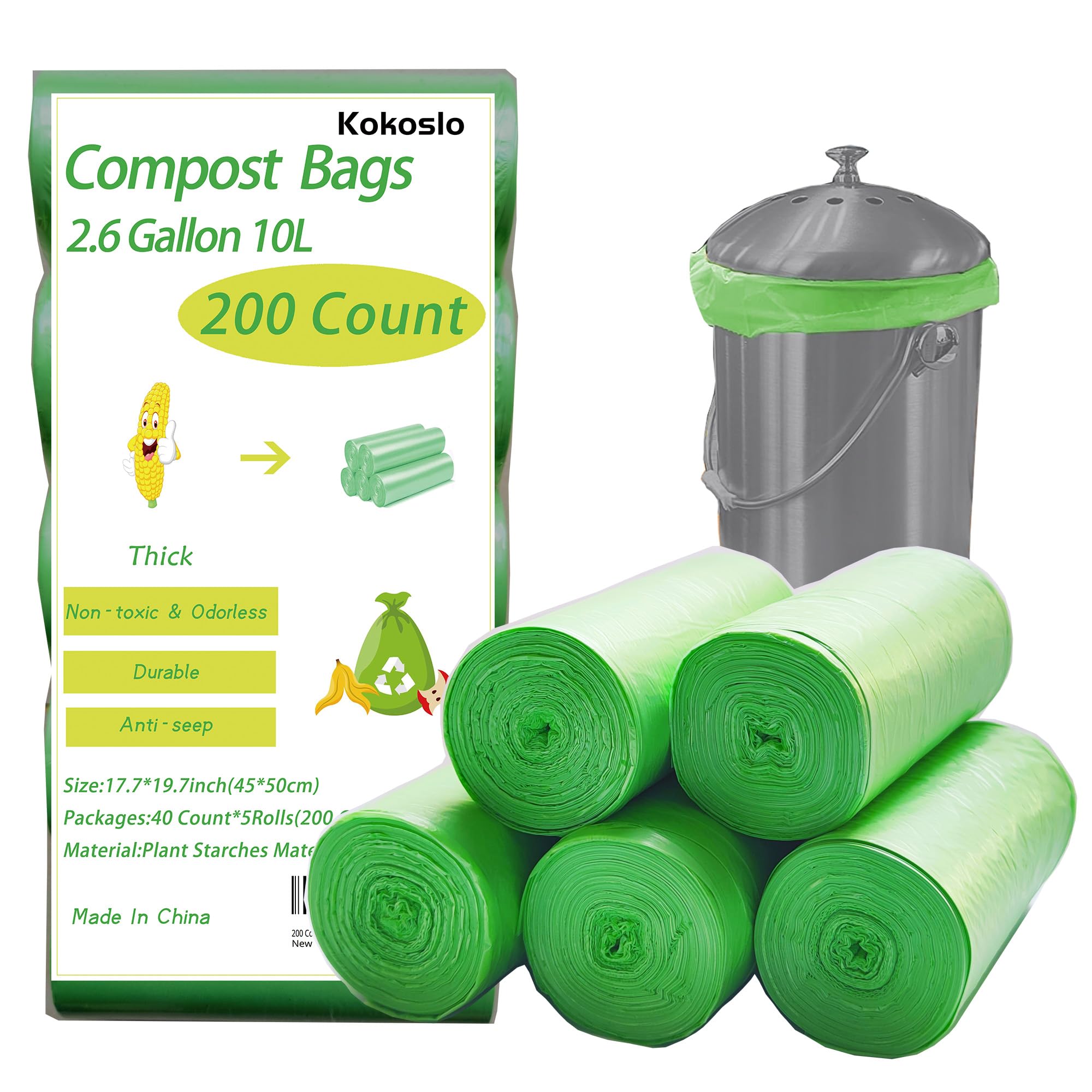200 Counts 2.6 Gallon Compostable Trash Bags - Eco-Friendly Kitchen Compost Bin Liners (10L) | Small Biodegradable Food Scrap Bags for Bedroom, Bathroom & Office | Perfect for Organic Waste Disposal & Indoor Composting