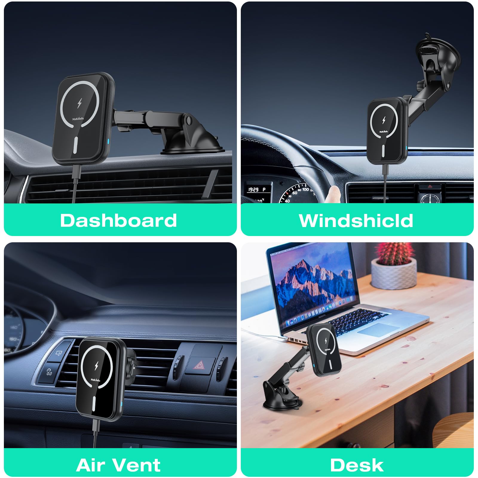 Magnetic Wireless Car Mount Charger for iPhone 16/15/14/13/12 Pro Max Plus - 15W Fast MagSafe Charging Phone Holder - Compatible with MagSafe Case - Dashboard, Windshield, Air Vent & Desk Mount - Stable on Bumpy Roads - Perfect for Commuting, Road Trips & Hands-Free Navigation