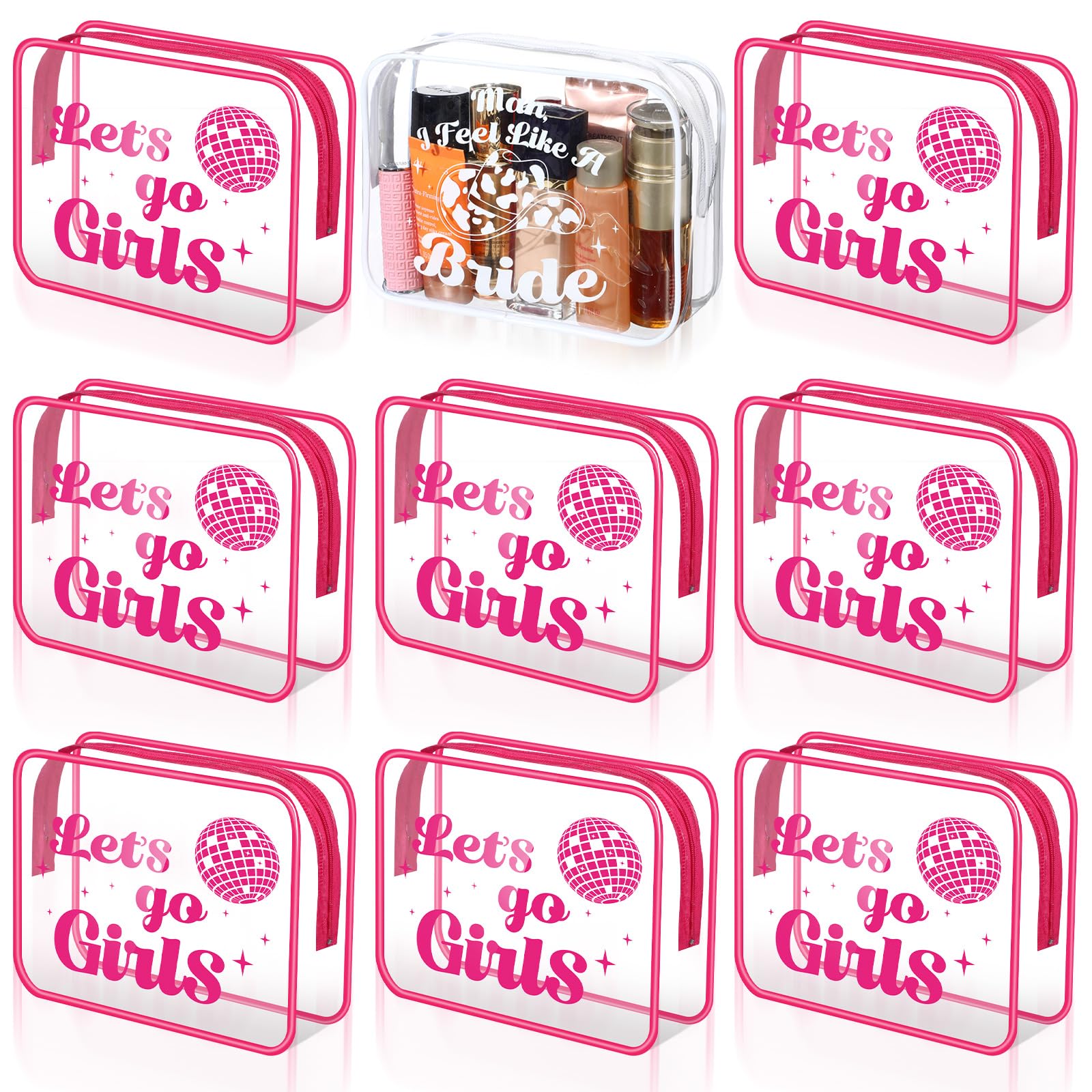 9 Pcs Let's Go Girls Bachelorette Makeup Bags - Clear PVC Cosmetic Pouches with Zipper for Bride & Bridesmaids - Perfect for Wedding, Bridal Shower & Bachelorette Party Gifts - Great for Travel, Gym & Daily Beauty Organizer