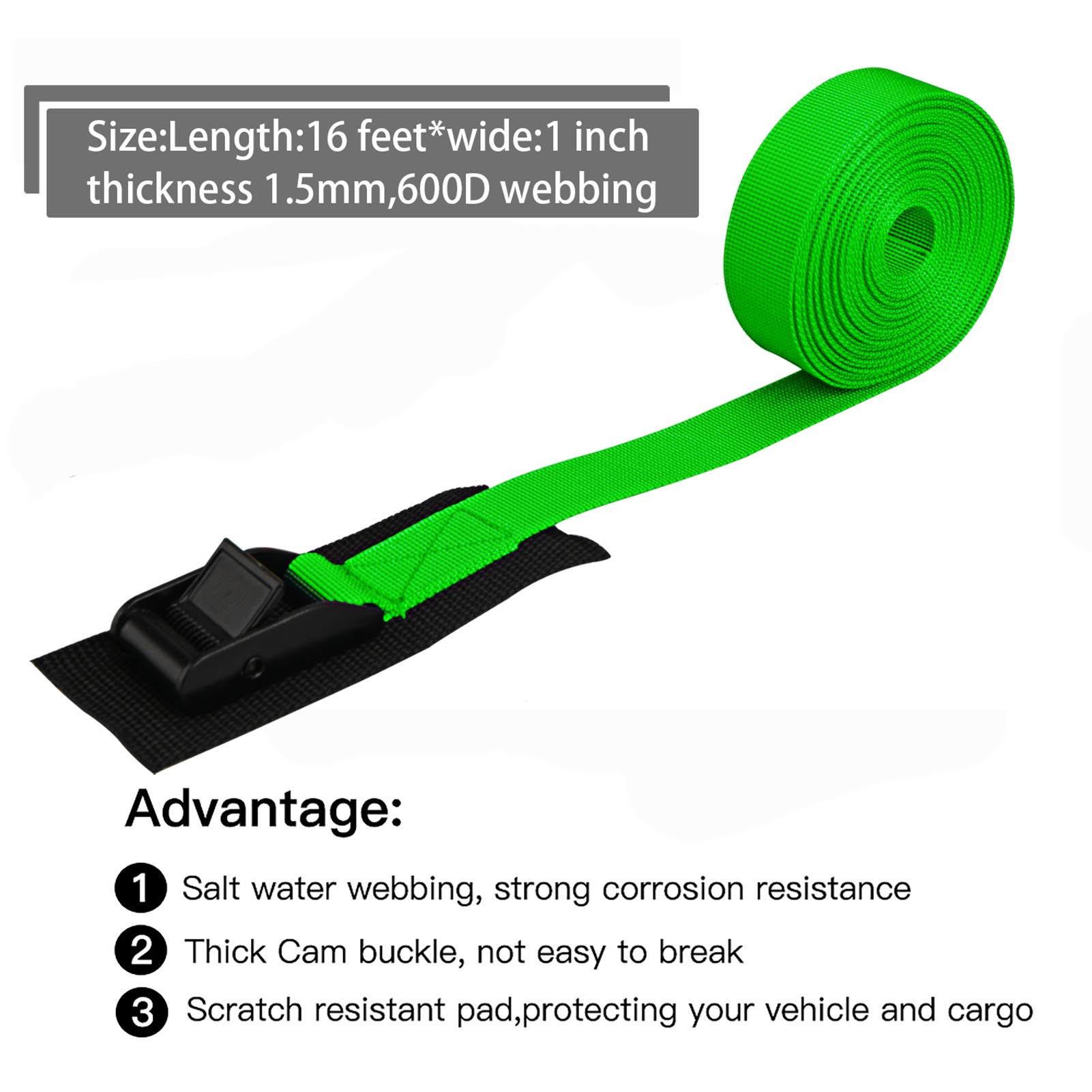 Heavy Duty Ratchet Tie Down Straps 2 Pack - 16FT Adjustable Lashing Straps with Cam Buckle for Cargo, Truck, Motorcycle, Boat & Luggage Securing - Durable Green Transport Straps for Road Trips & Moving
