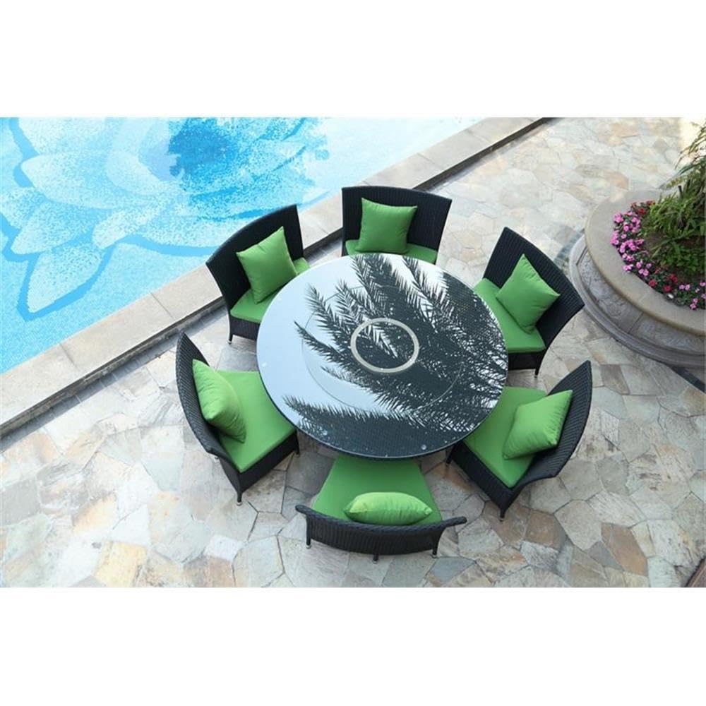 **Nightingale 7-Piece Outdoor Dining Set with Round Glass Lazy Susan - 6 Rattan Chairs, Waterproof Cushions & Toss Pillows - Black/Green Patio Furniture for Backyard, Garden, or Poolside Dining**