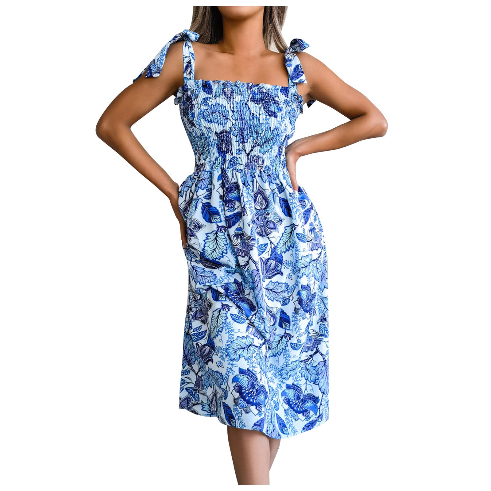 LOOKAA Women's Floral Summer Dress - Retro Midi Sun Dress with Flowy Knee-Length Design for Casual Wear | Perfect for Beach, Vacation & Everyday Elegant Outfits