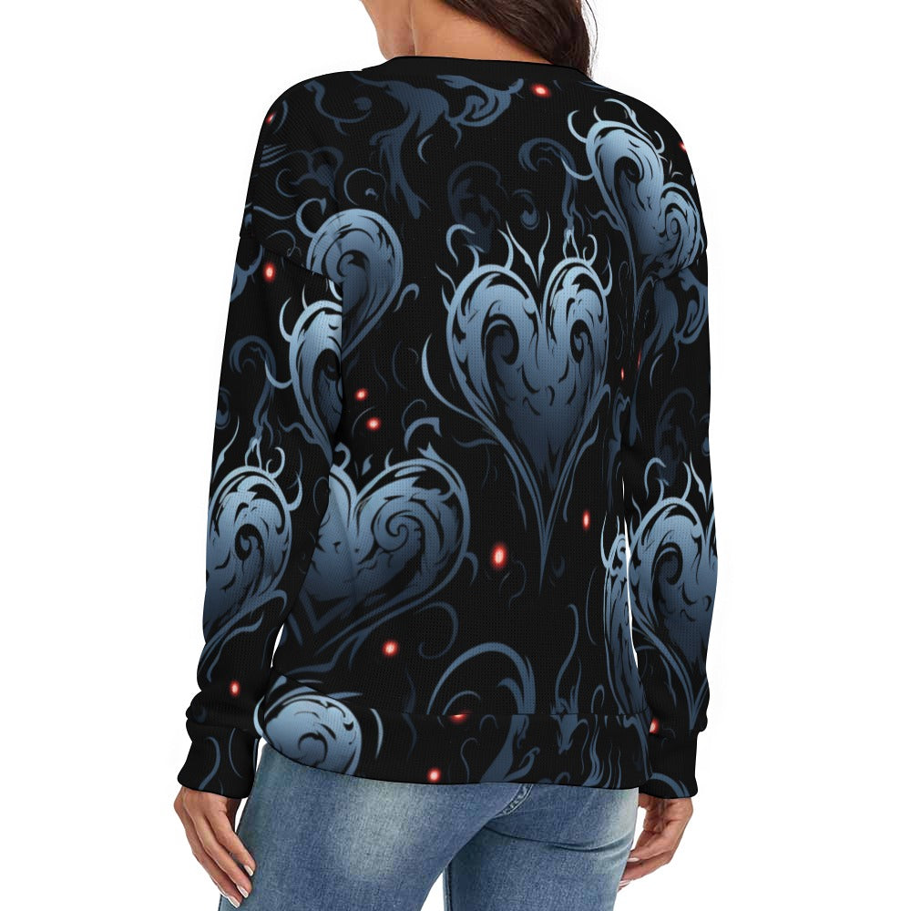 Gothic Blue Heart V-Neck Long Sleeve Sweater for Women | Vintage Lace Knit Pullover | Perfect for Halloween, Christmas & Gothic Fashion Lovers