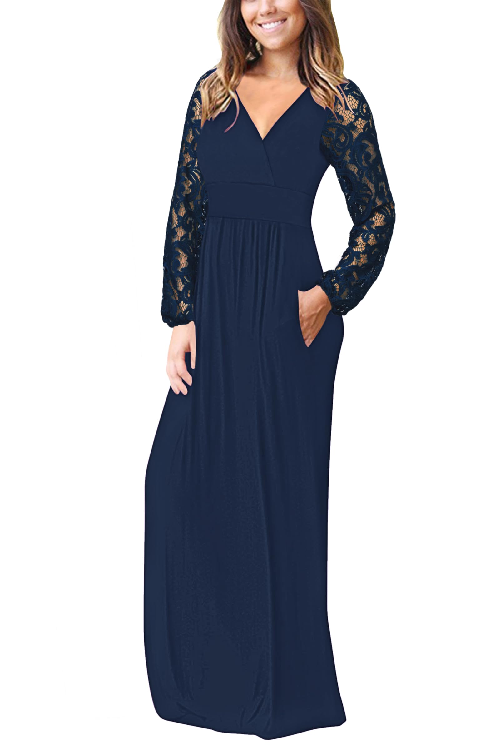 AUSELILY Women's Long Sleeve Maxi Dress 2025 Fall Fashion - Elegant Lace Sleeve V-Neck Wrap Waist Dress with Pockets | Perfect for Weddings, Parties & Autumn Outfits