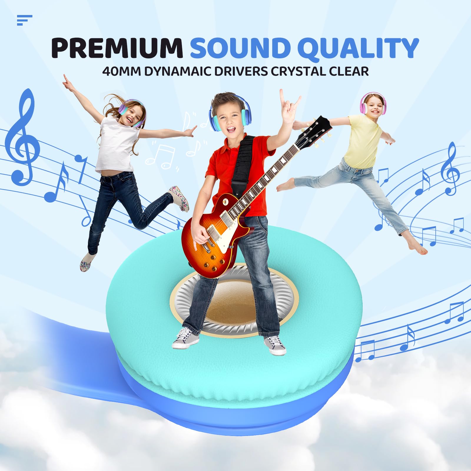 **Kids Wireless Bluetooth Headphones with Volume Limit (85/94dB) - 60H Playtime, Bluetooth 5.3, Built-in Mic, Lightweight Over-Ear Design for Toddlers & Children - Perfect for School, Travel & Online Learning (Blue)**