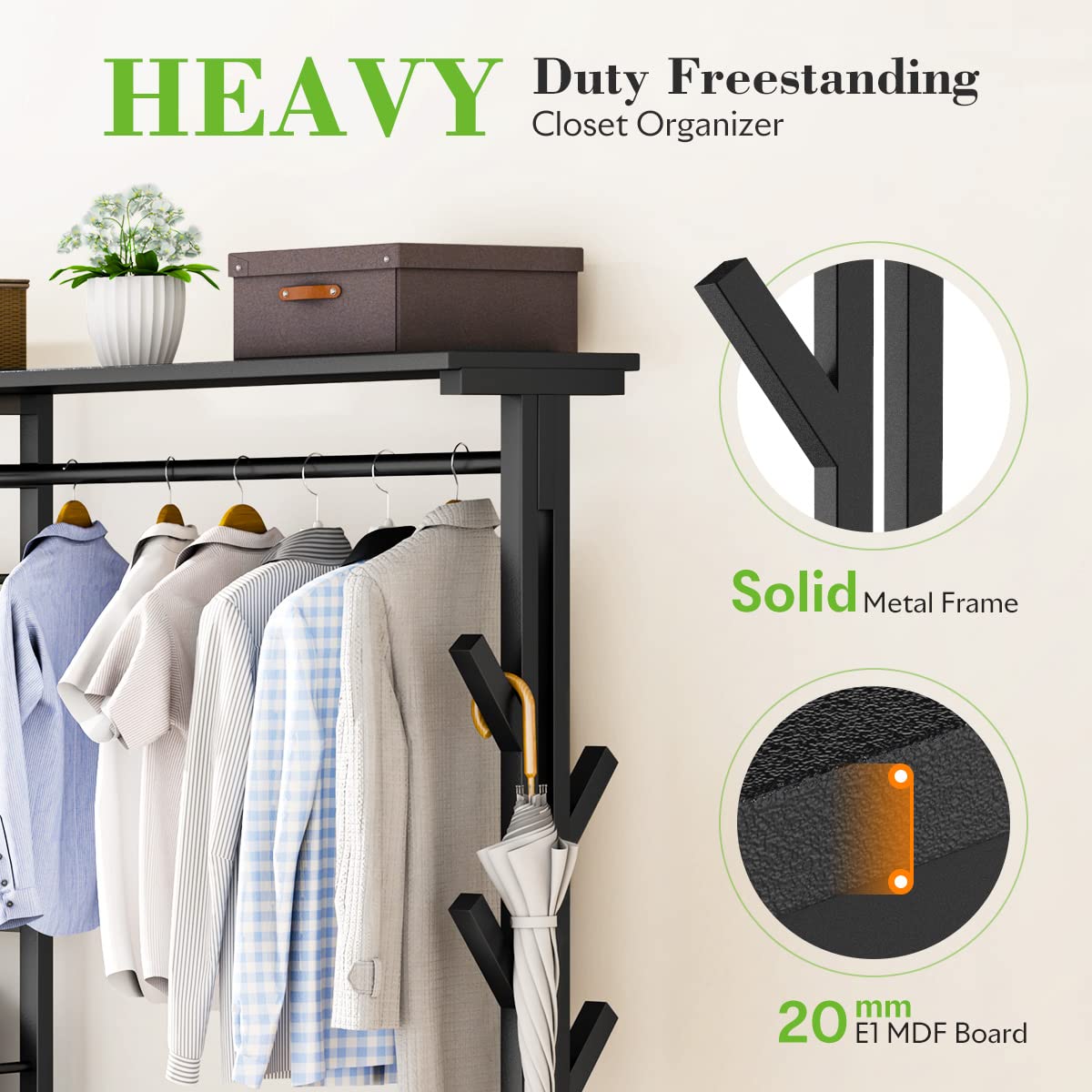 HOKEEPER 650lbs Heavy Duty Free Standing Closet Organizer with 6 Metal Shelves & Coat Rack - Sturdy Clothing Rack for Hanging Clothes, Wardrobe Storage, Bedroom, Closet Organization - Perfect for Small Spaces, Dorm Rooms & Apartment Living