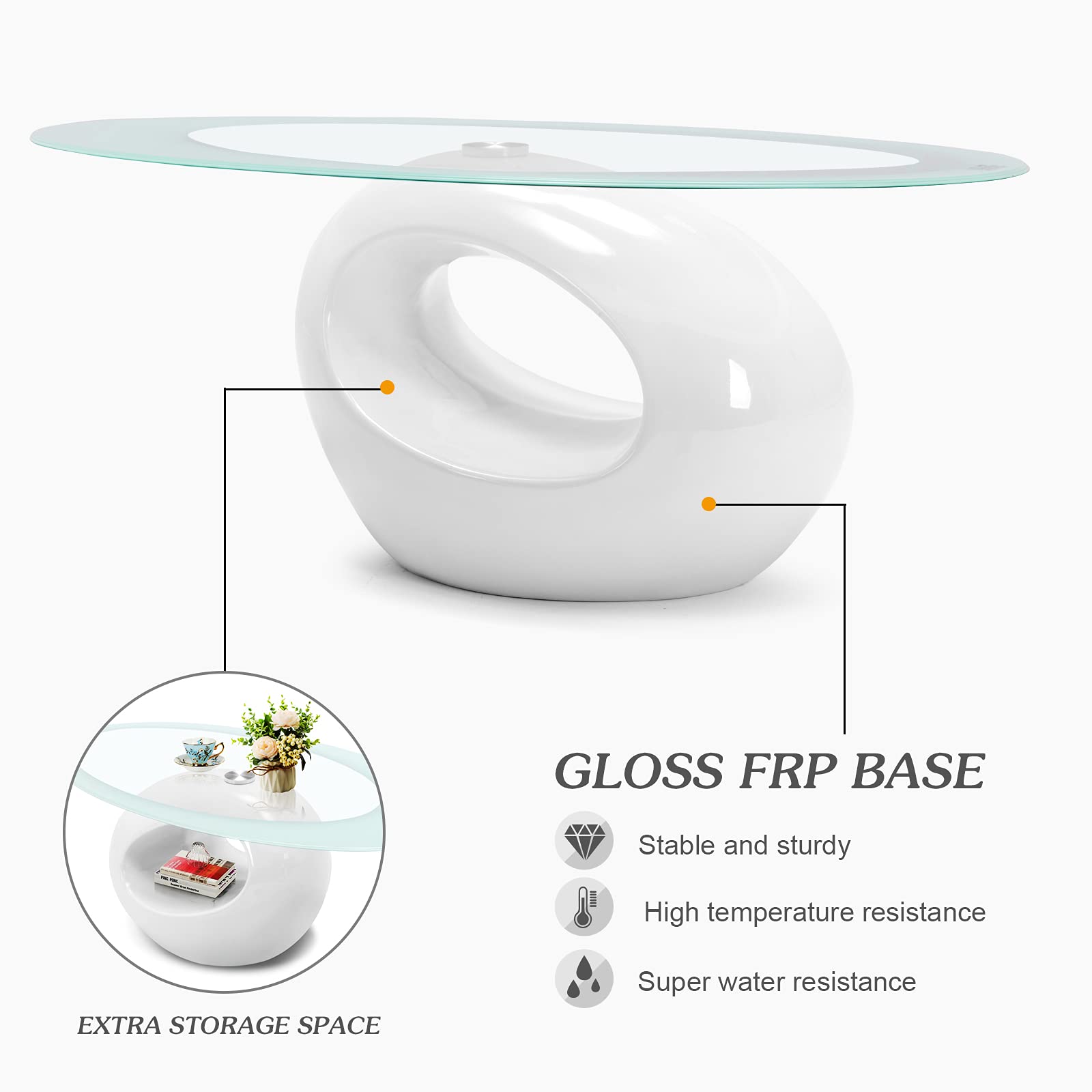 Modern Oval Glass Coffee Table with Tempered Top & Glossy Storage Base - Contemporary Living Room Center Table for Sofa & Lounge Areas - White