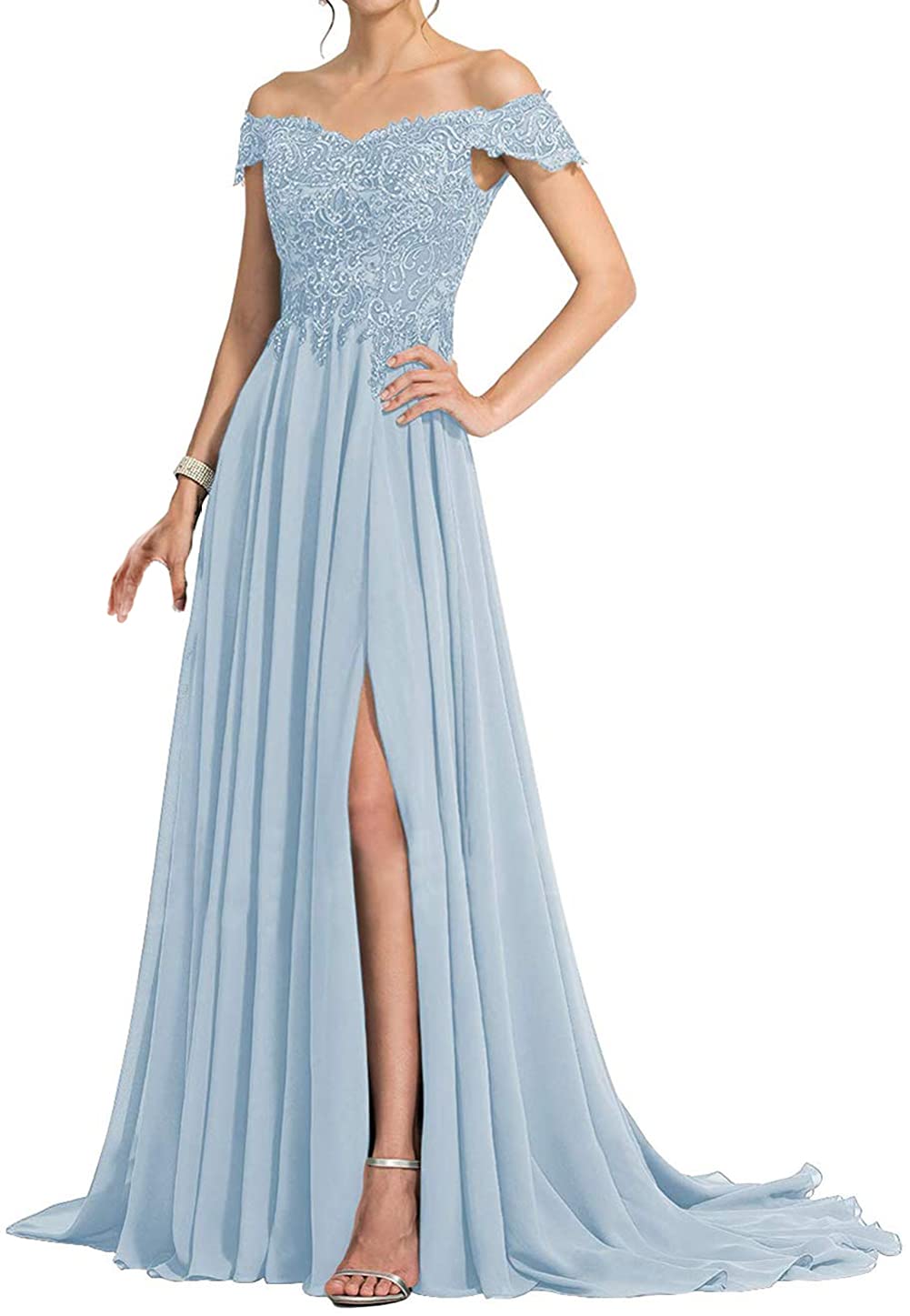 Elegant Off Shoulder Mother of The Bride Dress Long Chiffon Lace Formal Evening Gown with Split - Perfect for Weddings, Proms & Special Occasions