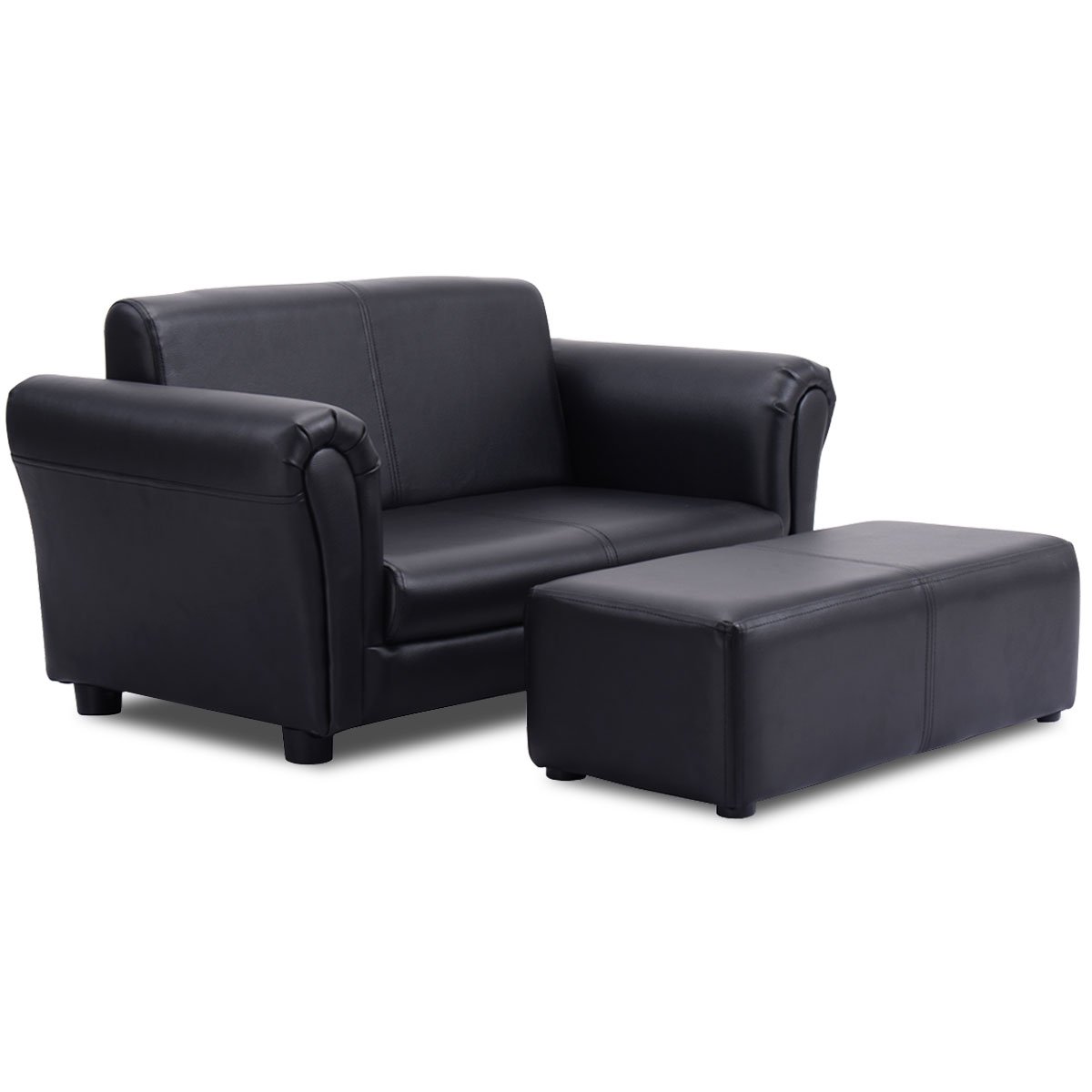 Costzon 2-in-1 Kids Couch with Footstool - Double Seat Children's Sofa with PU Leather Surface, Armrest Chair Lounge - Soft Toddler Sofa for Boys & Girls - Perfect for Preschool Bedroom, Playroom & Birthday Gifts (Black)