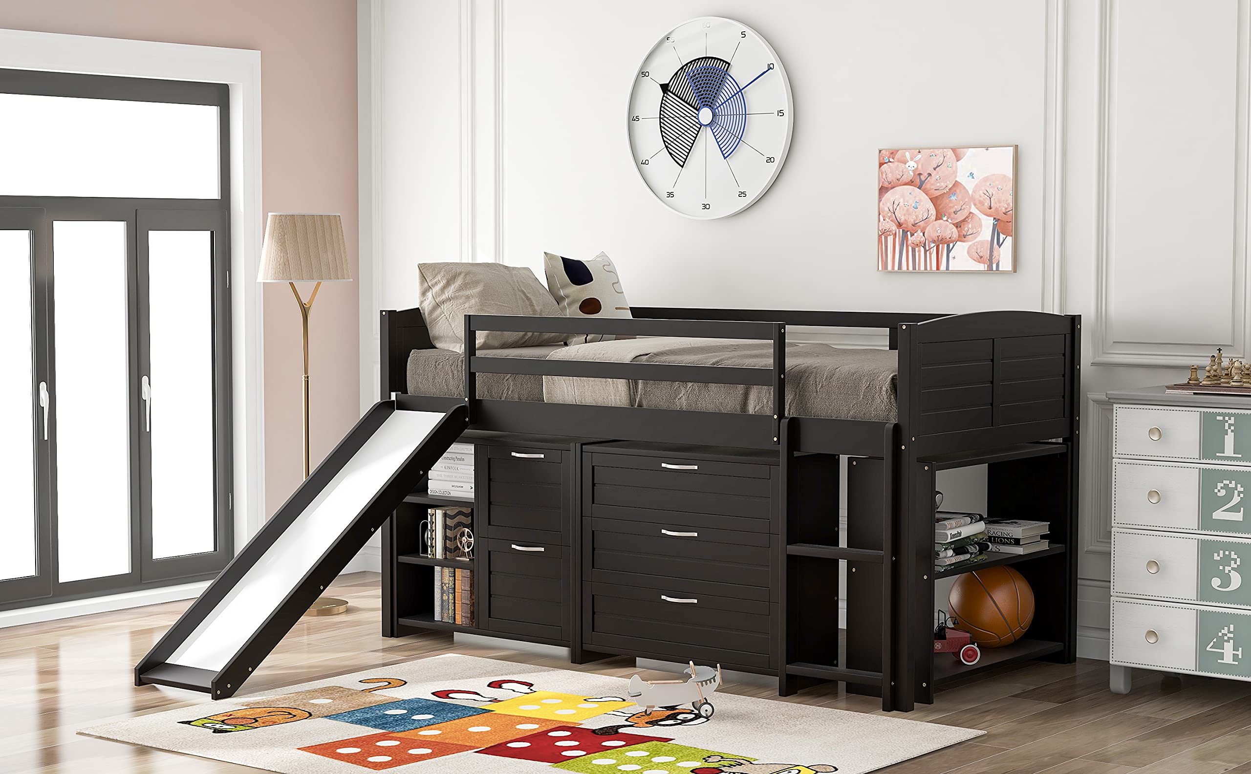 **Kids Twin-Size Study Loft Bed with Slide - Solid Wood Low Loft Bed Frame with Cabinet, Drawers & Shelves - Perfect for Small Rooms, Teens, Boys & Girls (Espresso) - Ideal for Study, Play & Sleep in Kids' Bedrooms**