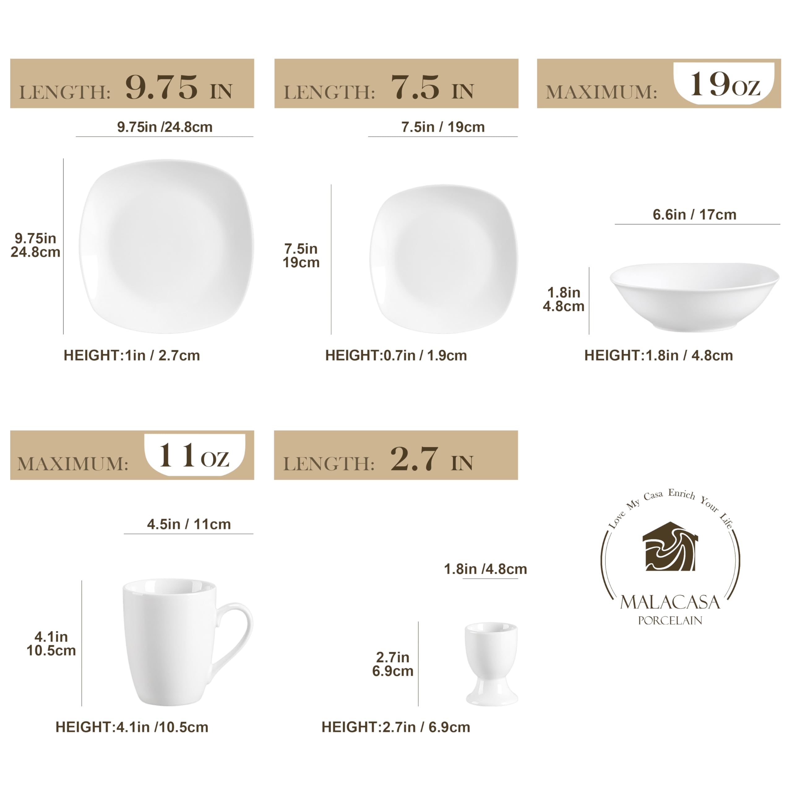 MALACASA 40-Piece Porcelain Dinnerware Set - Gray & White Square Plates, Bowls, Egg Cups & Coffee Mugs - Modern Tableware for 8 People (Elisa Series) - Perfect for Family Dinners, Restaurant Use & Special Occasions