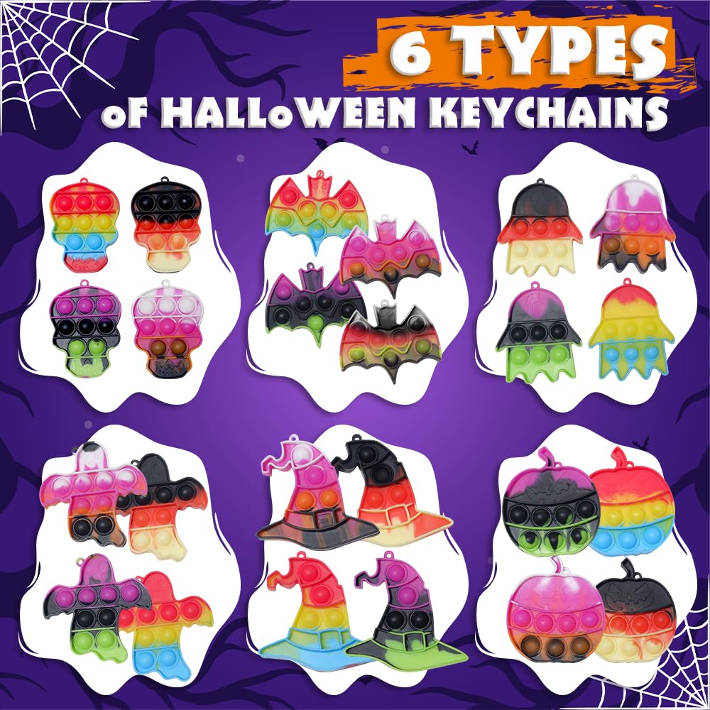 Halloween Party Favors for Kids - 24 Pack Mini Pop Bubble Fidget Toys with Keychain, Bulk Halloween Sensory Toys for Stress Relief - Perfect for Classroom, School, and Party Giveaways