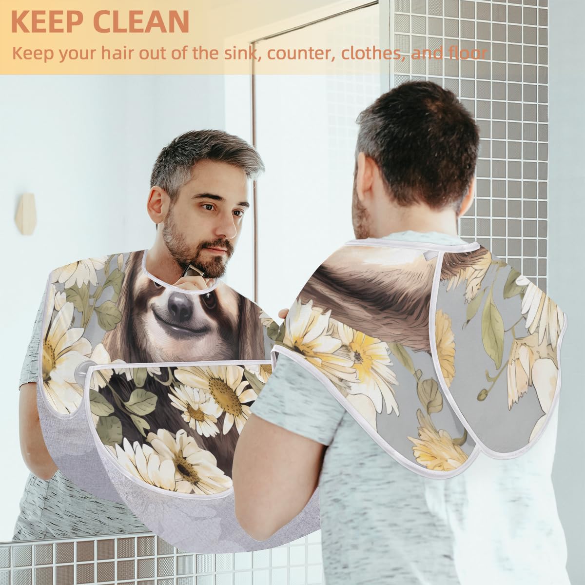 Sloth Watercolor Pattern Beard Shaving Bib for Men - Waterproof Makeup & Hair Dye Apron, Barber Cape for Haircut & Beard Trimming - Sink Hair Catcher & Styling Tool - Perfect for Home Grooming, Salon Use & Gift Giving