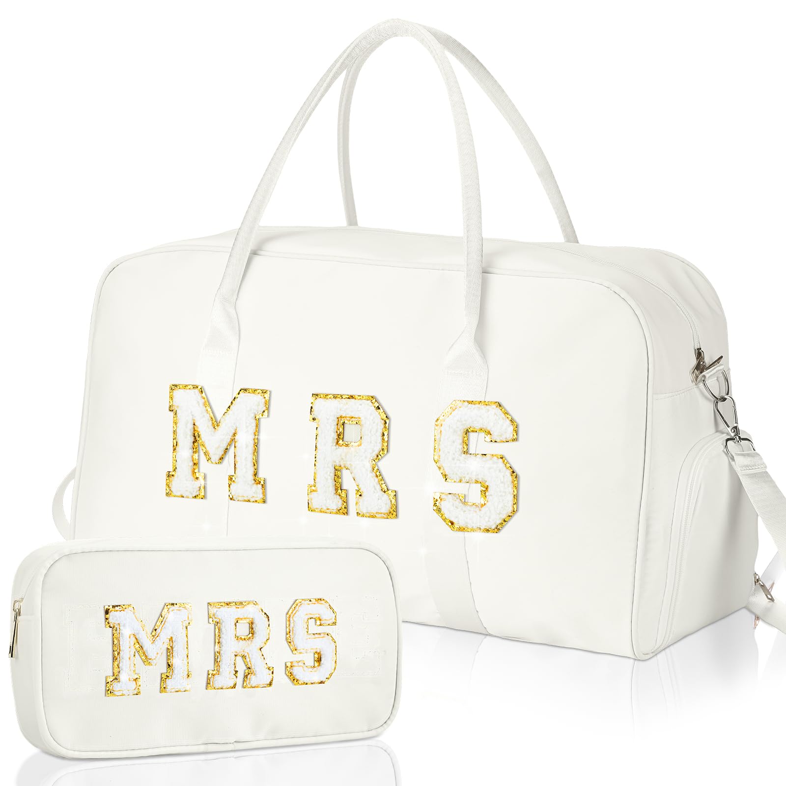 2 Pcs Wedding Weekender Bag for Bride & Groom - Personalized Chenille Letter Patch Duffle Travel Bag - Perfect for Bridal Shower, Honeymoon, Bachelorette Party & Romantic Getaways (MRS)
