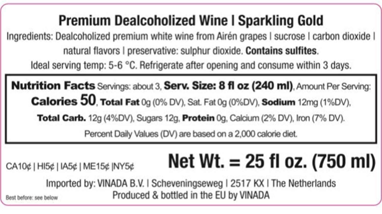 VINADA Sparkling Gold Non-Alcoholic Wine - 750ml (8 Bottles) - Premium Alcohol-Free Beverage for Celebrations, Parties & Healthy Lifestyle
