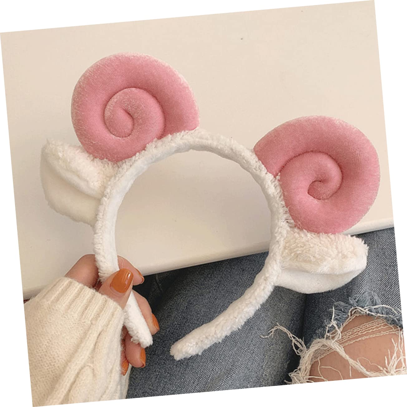 4 Pcs Croissant Headband Hair Bands for Women - Soft Sheep Ears & Alpaca Horns Hair Accessories - Cute Pink Animal Headbands for Dress Up, Cosplay & Themed Parties