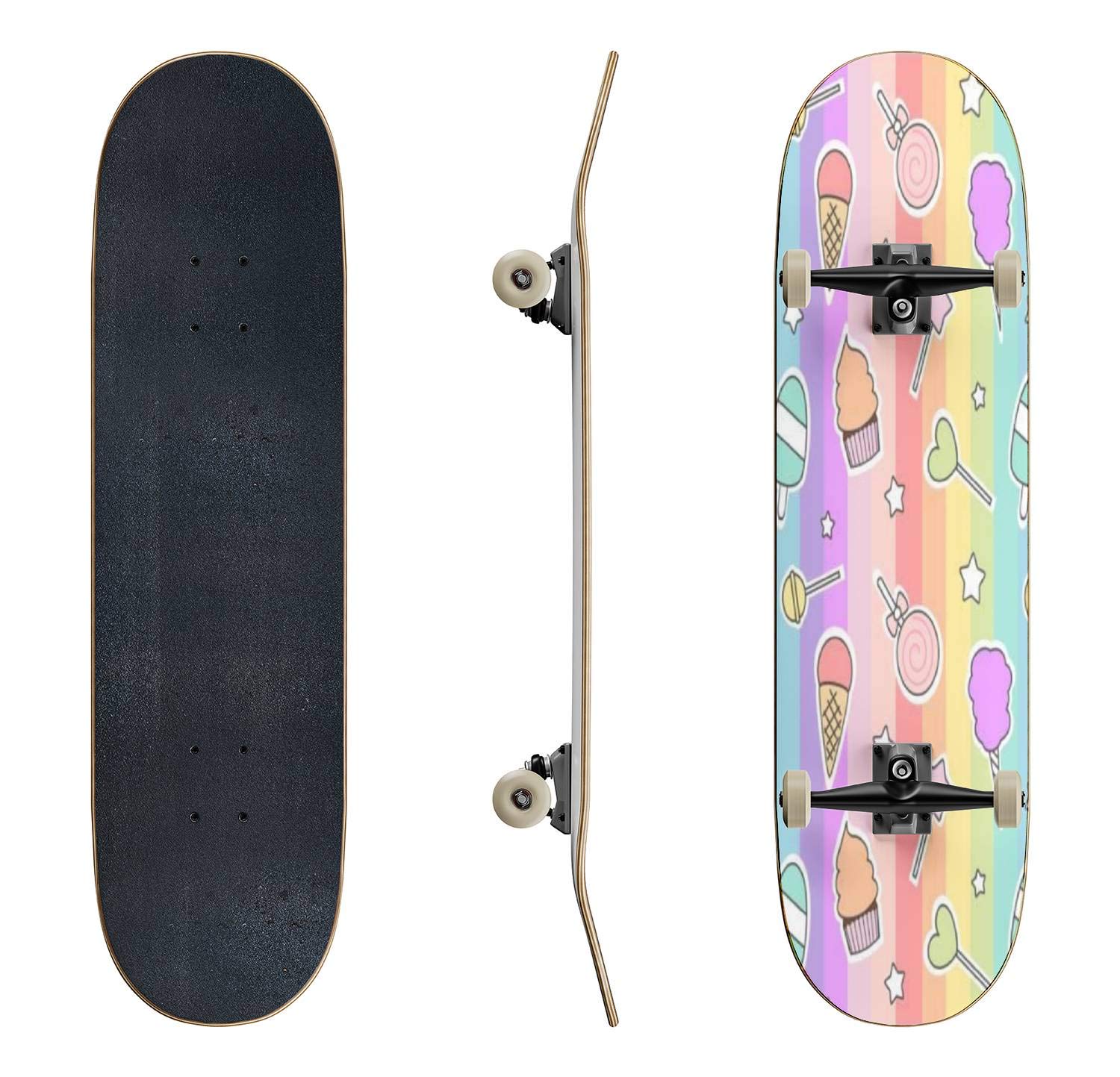 EFTOWEL Cute Cartoon Skateboard with Candy Ice Cream & Lollipop Design - Classic Concave Longboard for Beginners & Professionals - Perfect for Teens, Extreme Sports & Street Skating (Gift Idea)