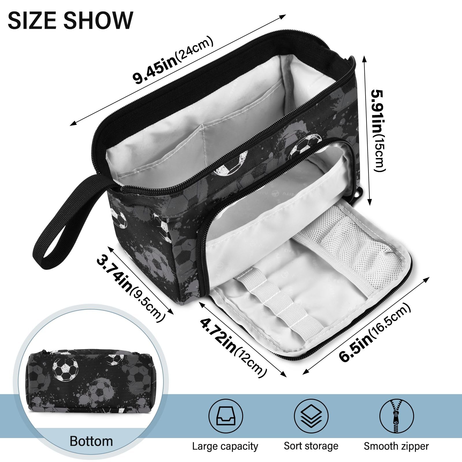Joisal Abstract Football Black Watercolor Pencil Case with Multiple Compartments - Small Makeup Bag, Pen Organizer Pouch for School, Office & Travel Accessories Storage
