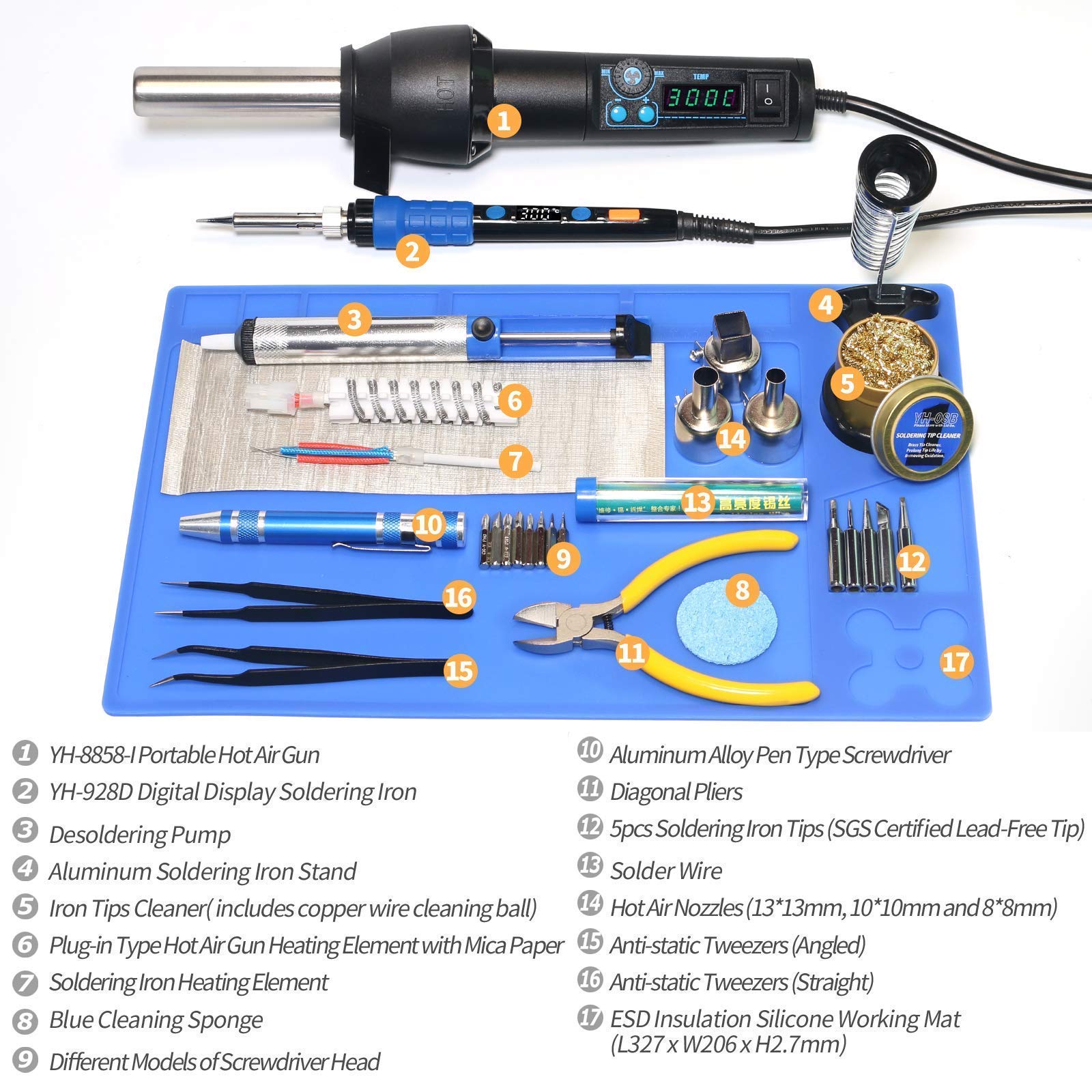 YIHUA 8858-I & 928D Soldering Station Kit with Hot Air Gun, Heating Element, Iron Holder, 23-Piece Cleaning Tools & Accessories - Perfect for Electronics Repair, DIY Projects, and Circuit Board Maintenance