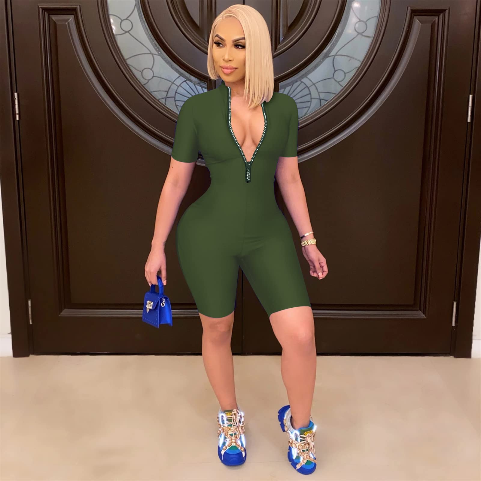 Sexy Women's Bodycon Jumpsuit - Long Sleeve V-Neck Zipper One Piece Outfit | Perfect for Club Nights, Date Nights & Evening Parties