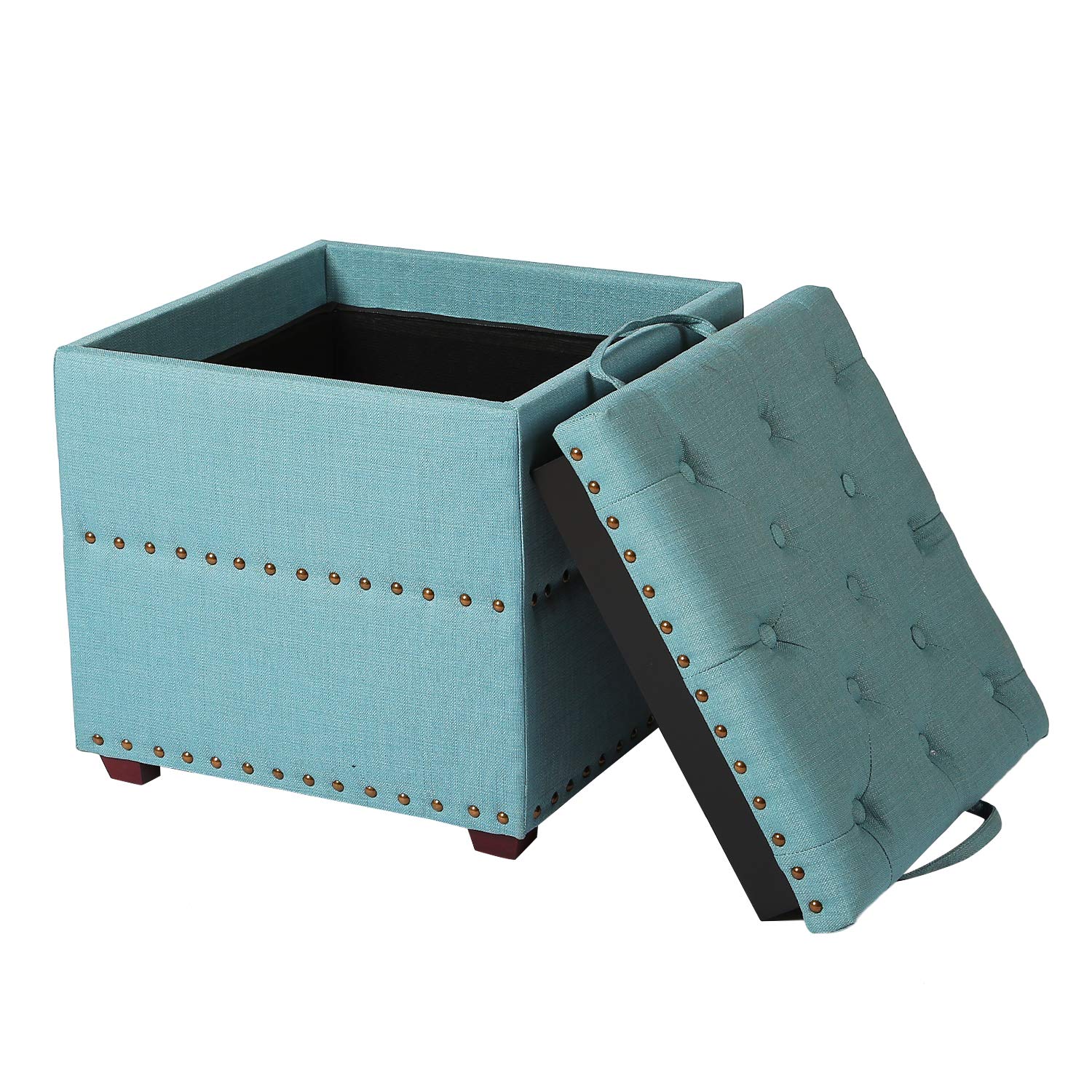 Adeco European Style Fabric Storage Ottoman Bench with Wooden Legs & Nailhead Trim - Blue Cube Footstool for Living Room, Bedroom & Entryway