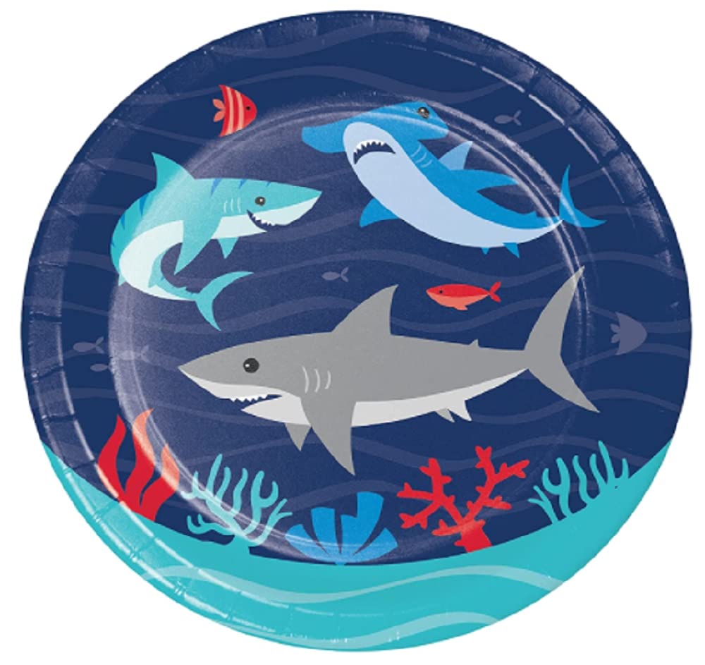 Shark Themed Party Supplies - 16 Dessert Plates & 16 Beverage Napkins Set for Kids Birthday, Baby Shower, Ocean Theme Party Decorations
