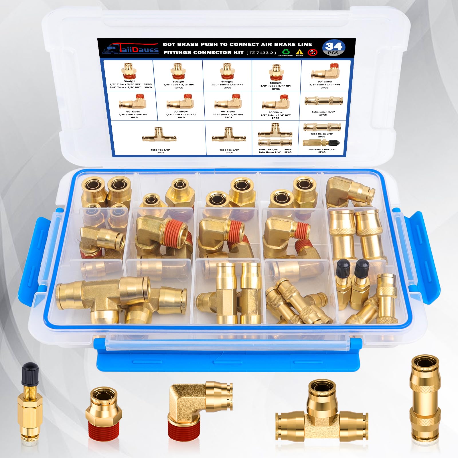 34 Pcs Brass DOT Air Brake Line Fittings Kit - 1/4