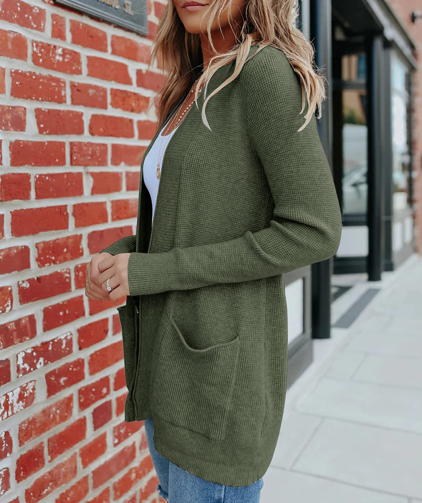 MEROKEETY Women's 2025 Fall Open Front Waffle Knit Cardigan - Long Sleeve Cozy Knit Sweater with Pockets for Casual Outfits & Layering